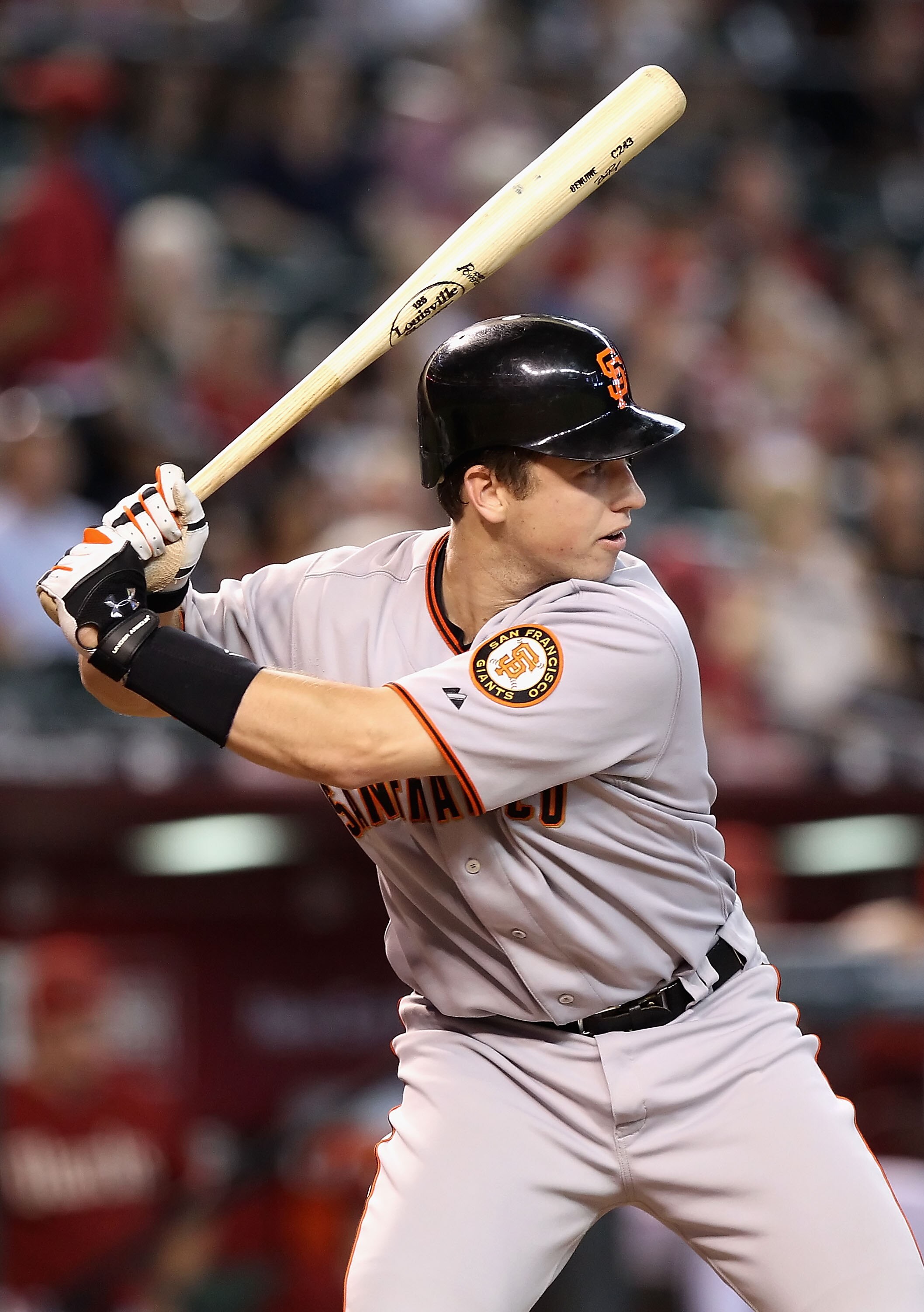 PHOENIX - SEPTEMBER 06:  Buster Posey #28 of the San Francisco Giants at bat during the Major League Baseball game against the Arizona Diamondbacks at Chase Field on September 6, 2010 in Phoenix, Arizona. The Giants defeated the Diamondbacks 2-0 in eleven