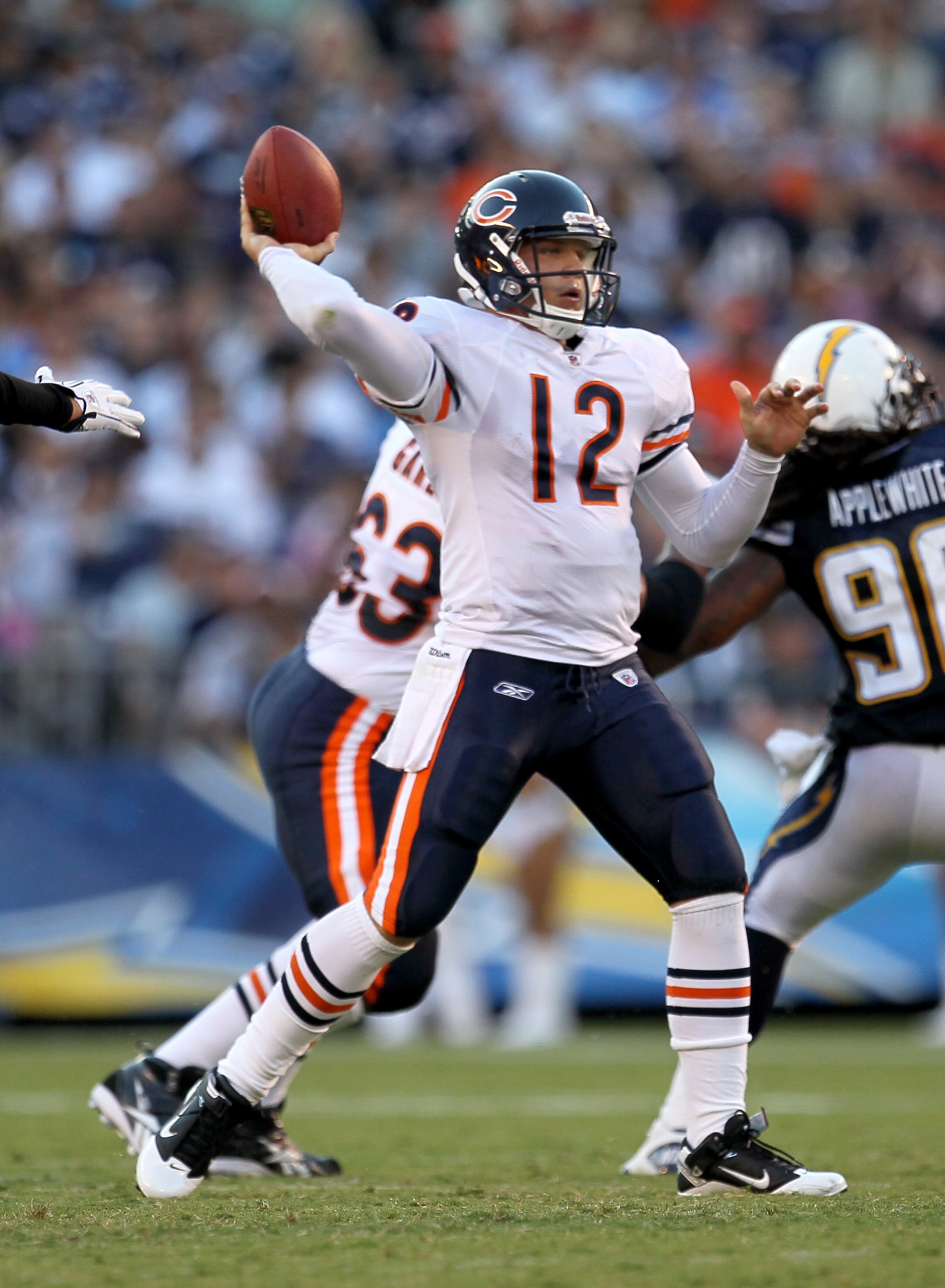SAN DIEGO - AUGUST 14:   Quarterback Caleb Hanie #12 of the Chicago Bears throws a pass against the San Diego Chargers on August 14, 2010 at Qualcomm Stadium in San Diego, California.   (Photo by Stephen Dunn/Getty Images)