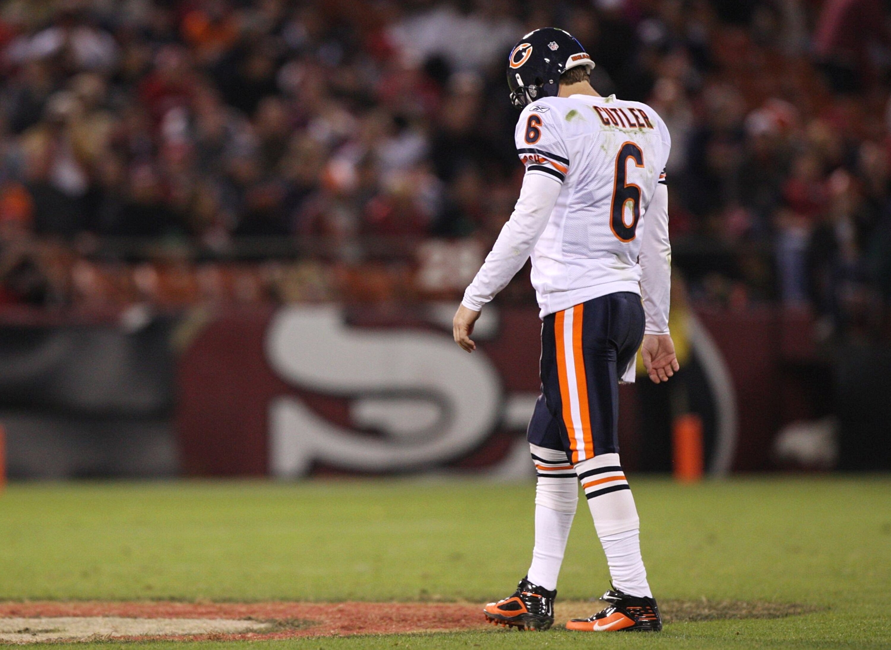 SAN FRANCISCO - NOVEMBER 12:  Jay Cutler #6 of the Chicago Bears walks back to the sideline after he threw an interception in the third quarter against the San Francisco 49ers at Candlestick Park on November 12, 2009 in San Francisco, California.  (Photo