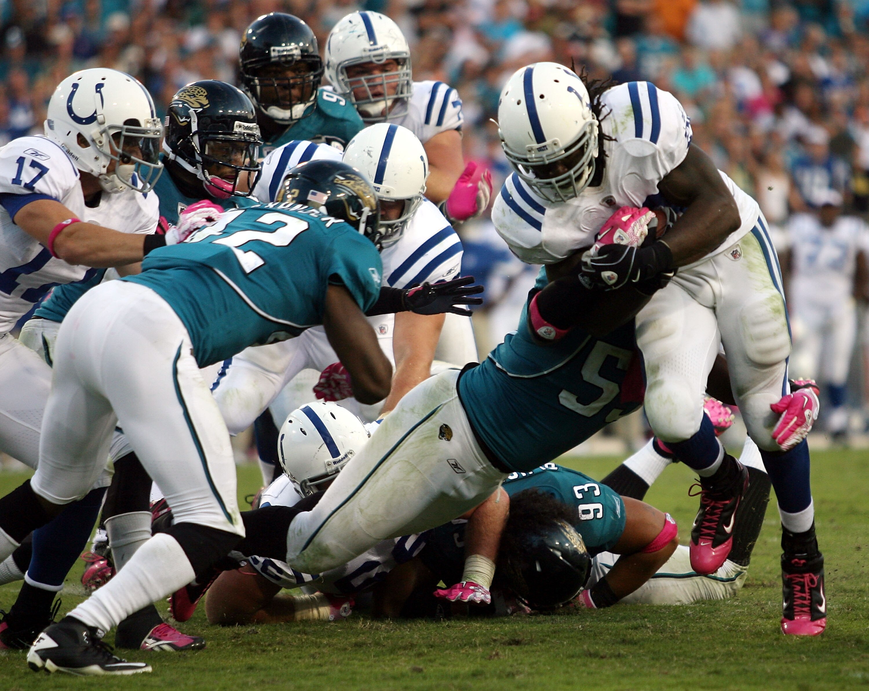 JACKSONVILLE, FL - OCTOBER 03:  Running back Joseph Addai #29 of the Indianapolis Colts runs against the Jacksonville Jaguars at EverBank Field on October 3, 2010 in Jacksonville, Florida.  (Photo by Marc Serota/Getty Images)