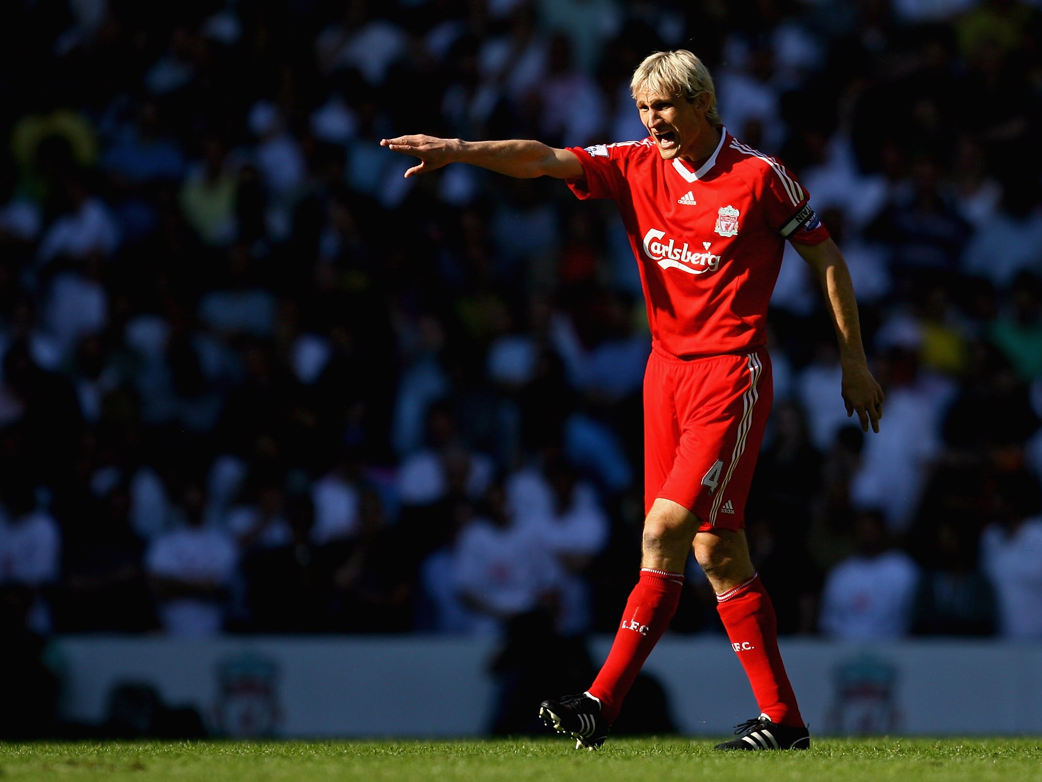 LIVERPOOL, ENGLAND - MAY 24:  Sami Hyypia of Liverpool shouts instructions during his last game for Liverpool in the Barclays  Premier League match between Liverpool and Tottenham Hotspur at Anfield on May 24, 2009 in Liverpool, England.  (Photo by Alex L
