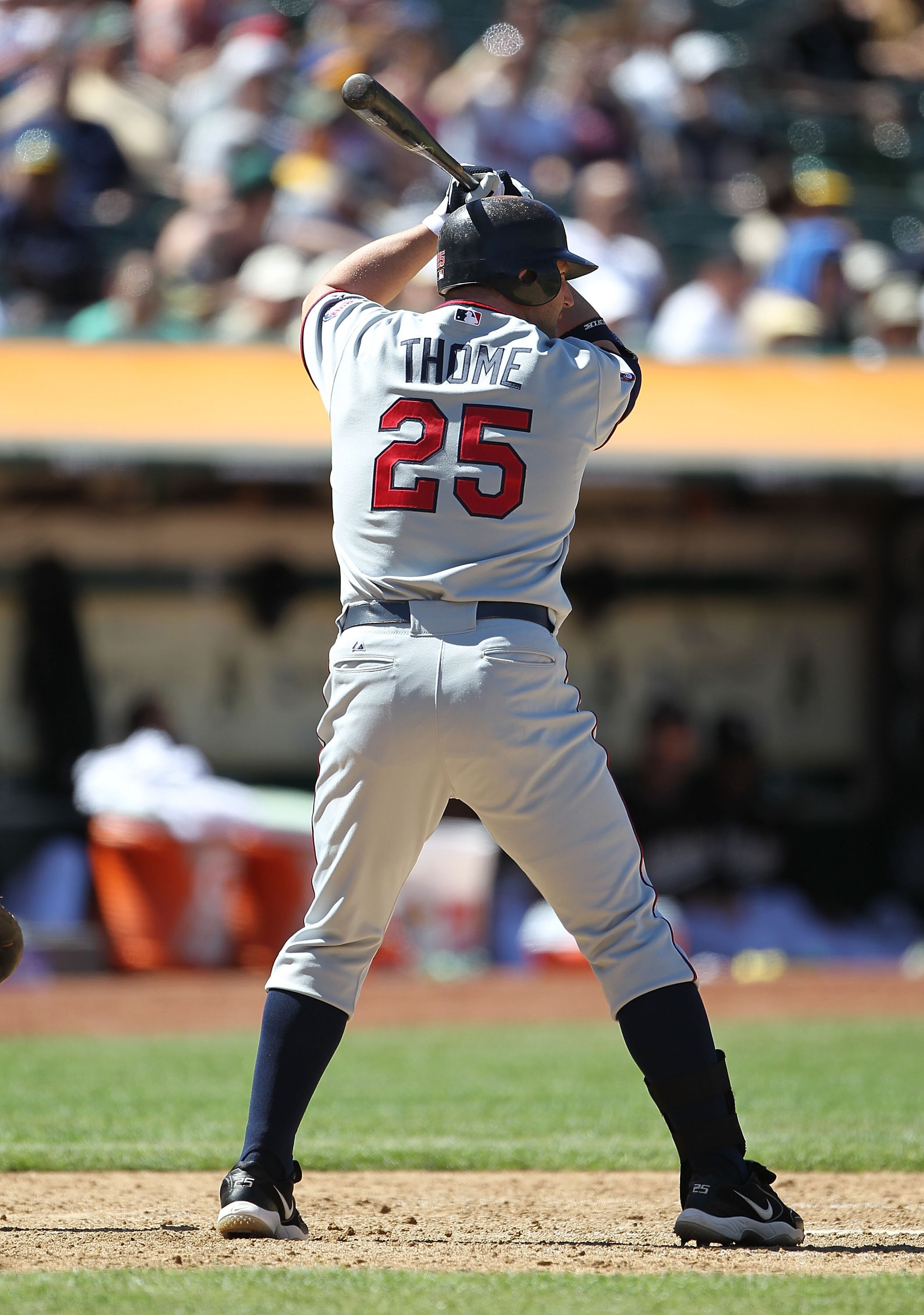 OAKLAND, CA - JUNE 06:  Jim Thome #25 of the Minnesota Twins bats against the Oakland Athletics during an MLB game at the Oakland-Alameda County Coliseum on June 6, 2010 in Oakland, California.  (Photo by Jed Jacobsohn/Getty Images)