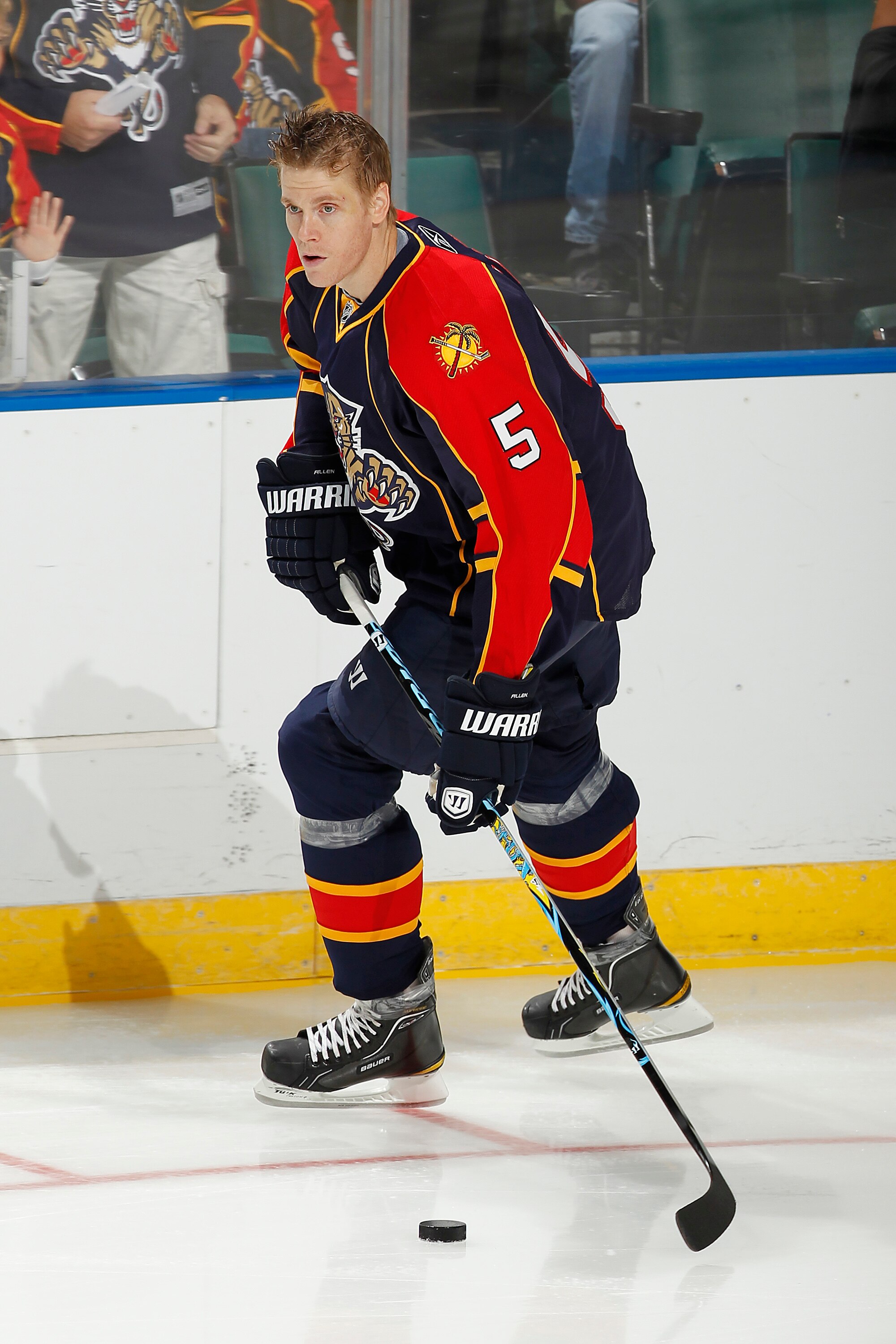 SUNRISE, FL - OCTOBER 1: Bryan Allen #5 of the Florida Panthers skates prior to the pre season game against the Tampa Bay Lightning on October 1, 2010 at the BankAtlantic Center in Sunrise, Florida. The Lightning defeated the Panthers 2-1 in overtime. (Ph