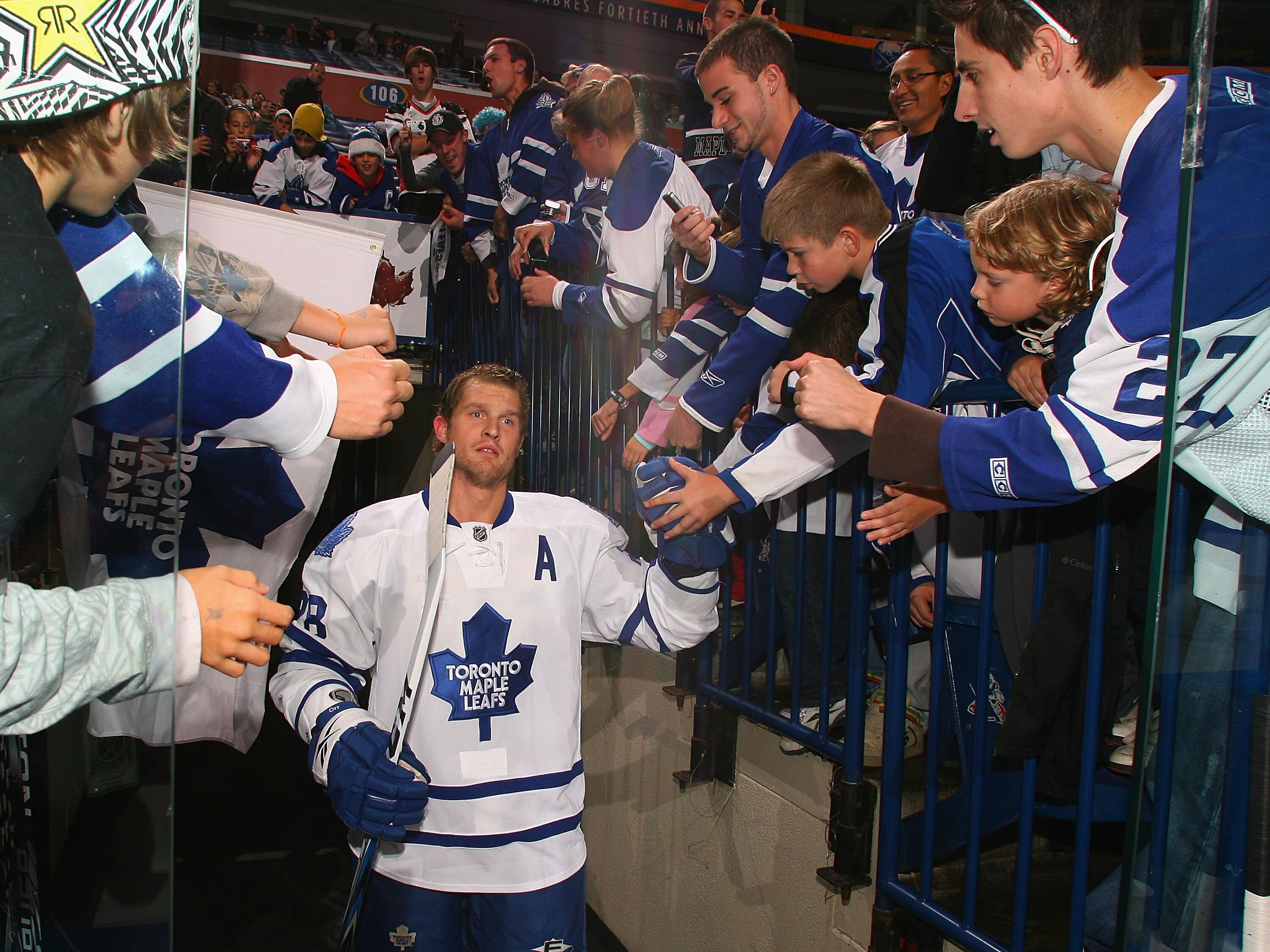 BUFFALO, NY - SEPTEMBER 25: Colton Orr #28 of the Toronto Maple Leafs acknowledges fans as he walks to the ice prior to play against the Buffalo Sabres  at HSBC Arena on September 25, 2010 in Buffalo, New York.  (Photo by Rick Stewart/Getty Images)