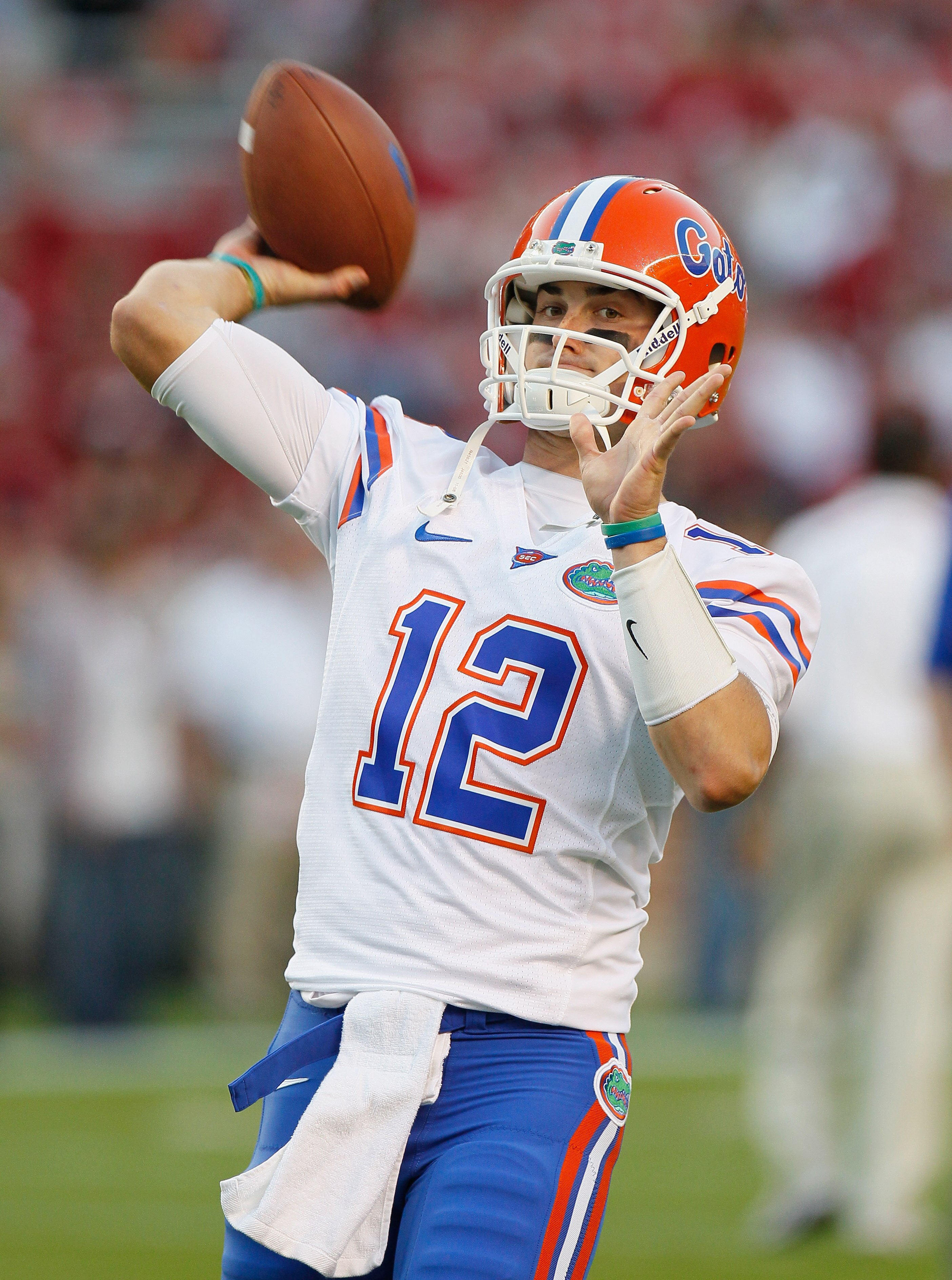TUSCALOOSA, AL - OCTOBER 02:  Quarterbacks John Brantley #12 of the Florida Gators warms up during pregame before facing the Alabama Crimson Tide at Bryant-Denny Stadium on October 2, 2010 in Tuscaloosa, Alabama.  (Photo by Kevin C. Cox/Getty Images)