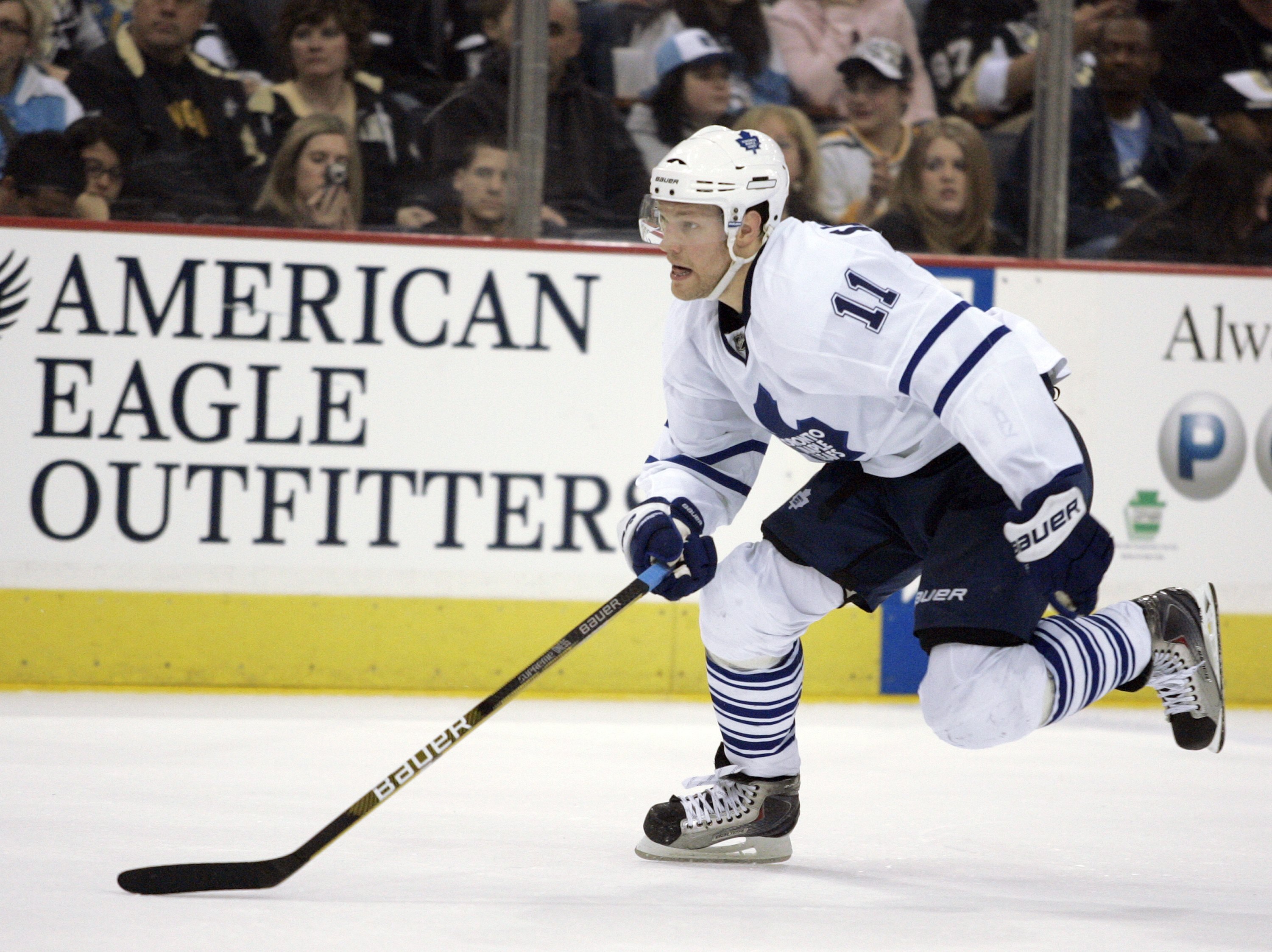 PITTSBURGH, PA - MARCH 28:  Fredrik Sjostrom #11 of the Toronto Maple Leafs skates against the Pittsburgh Penguins at Mellon Arena on March 28, 2010 in Pittsburgh, Pennsylvania.  The Penguins defeated the Leafs 5-4 in a shootout.  (Photo by Justin K. Alle