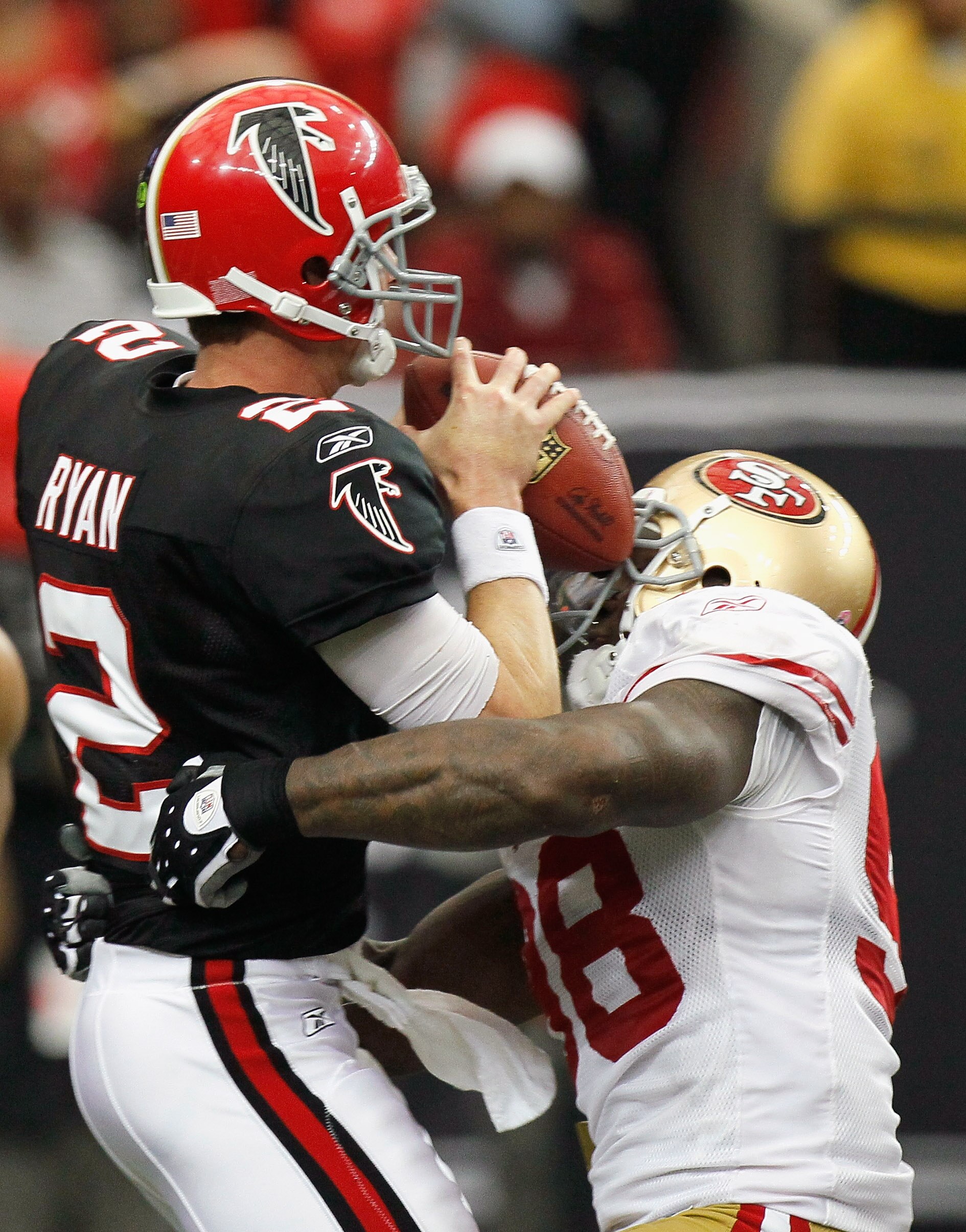 ATLANTA - OCTOBER 03:  Matt Ryan #2 of the Atlanta Falcons is sacked by Parys Haralson #98 of the San Francisco 49ers at Georgia Dome on October 3, 2010 in Atlanta, Georgia.  (Photo by Kevin C. Cox/Getty Images)