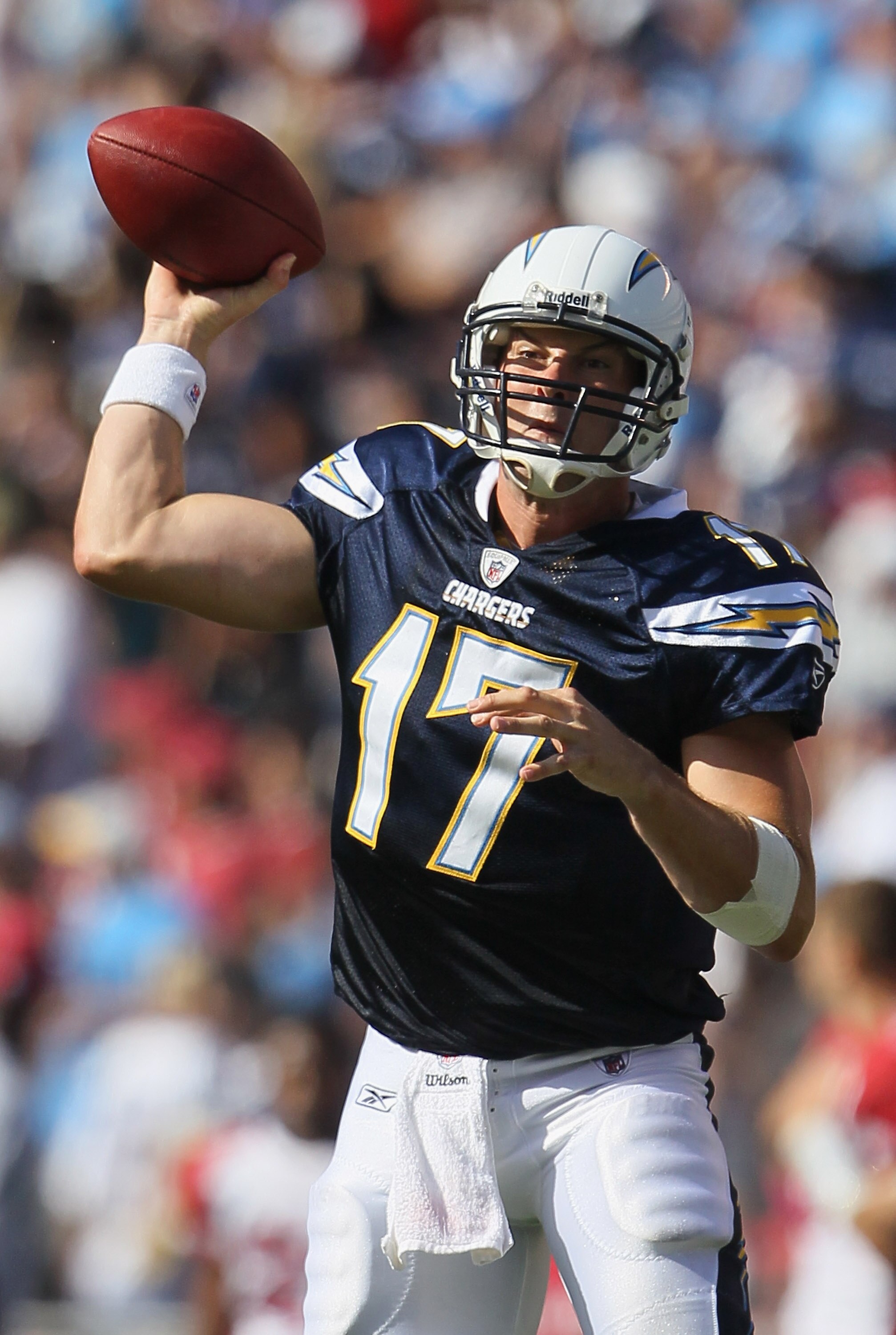SAN DIEGO - OCTOBER 03:  Quarterback Philip Rivers #17 of the San Diego Chargers drops back to pass in the third quarter against the Arizona Cardinals at Qualcomm Stadium on October 3, 2010 in San Diego, California. The Chargers defeated the Cardinals 41-