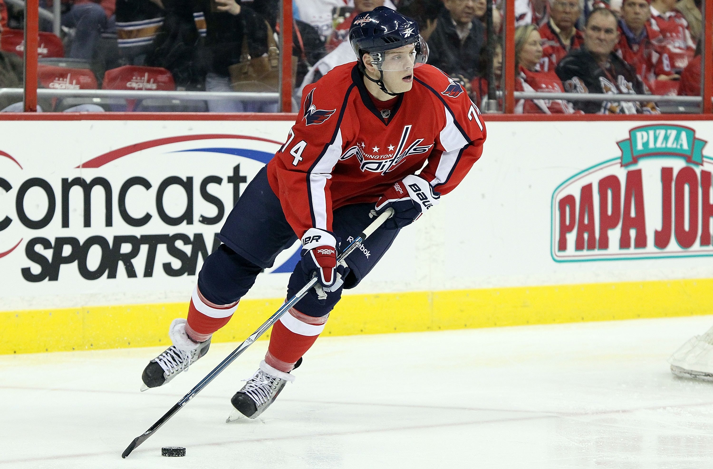 WASHINGTON DC, DC - MARCH 08:  John Carlson #74 of the Washington Capitals skates against the Dallas Stars on March 8, 2010 at the Verizon Center in Washington, DC. The Stars defeated the Caps 4-3 after a shootout.  (Photo by Jim McIsaac/Getty Images)