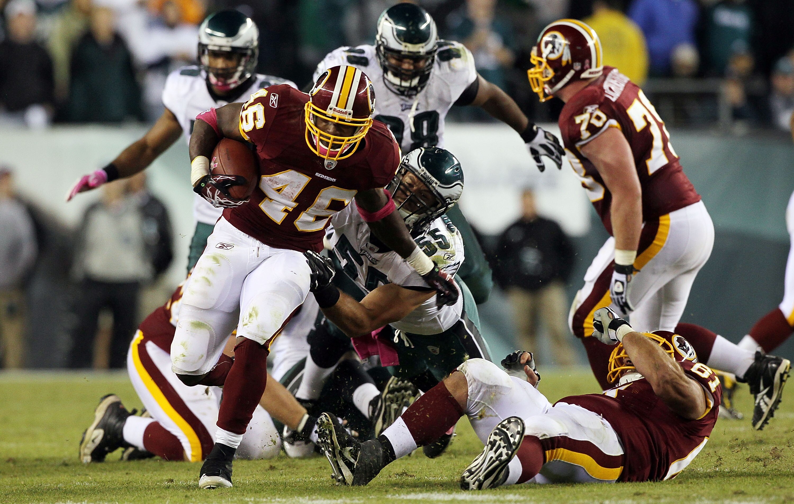 PHILADELPHIA - OCTOBER 03:  Ryan Torain #46 of the Washington Redskins runs the ball against the Philadelphia Eagles on October 3, 2010 at Lincoln Financial Field in Philadelphia, Pennsylvania. The Redskins defeated the Eagles 17-12.  (Photo by Jim McIsaa