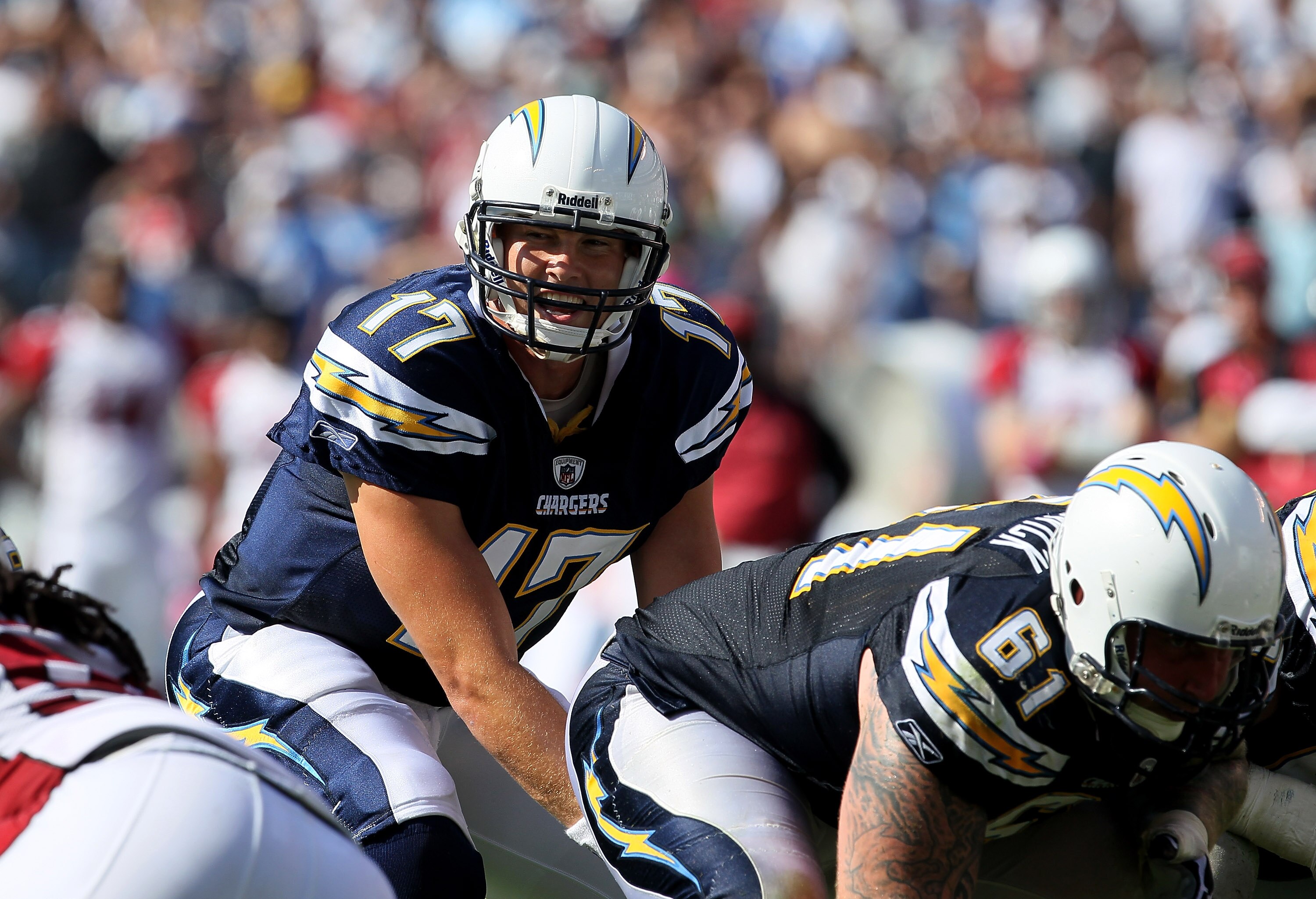 SAN DIEGO - OCTOBER 03:  Quarterback Philip Rivers of the San Diego Chargers calls signals against the Arizona Cardinals at Qualcomm Stadium on October 3, 2010 in San Diego, California.   The Chargers won 41-10.  (Photo by Stephen Dunn/Getty Images)