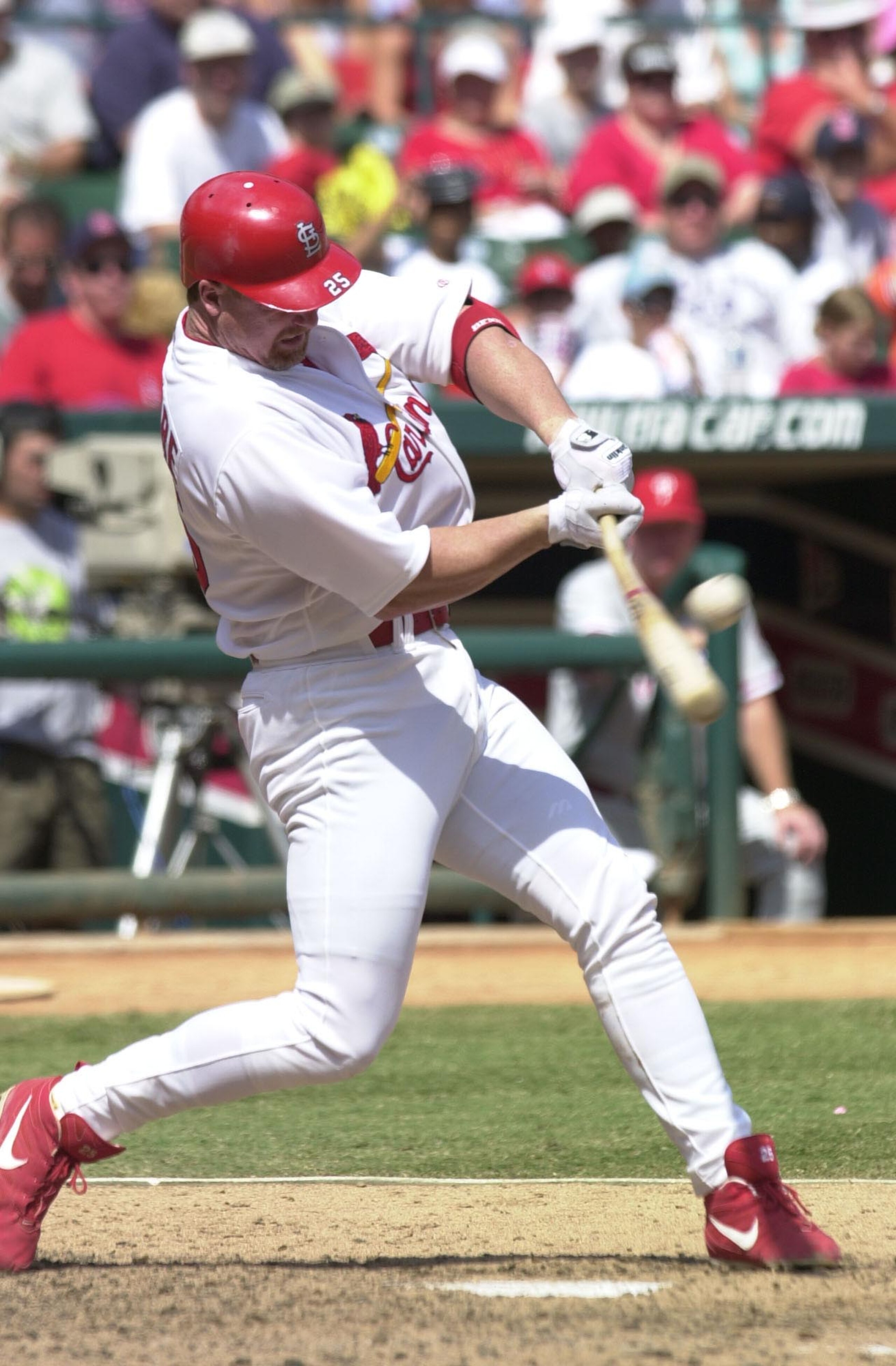 19 Aug 2001: Mark McGwire #25 of the St. Louis Cardinals gets a single against the Philadelphia Phillies at Busch Stadium in St. Louis, Missouri. DIGITAL IMAGE. Mandatory Credit: Elsa/ALLSPORT 19 Aug 2001: Mark McGwire #25 of the St. Louis Cardinals gets a single against the Philadelphia Phillies at Busch Stadium in St. Louis, Missouri. DIGITAL IMAGE. Mandatory Credit: Elsa/ALLSPORT