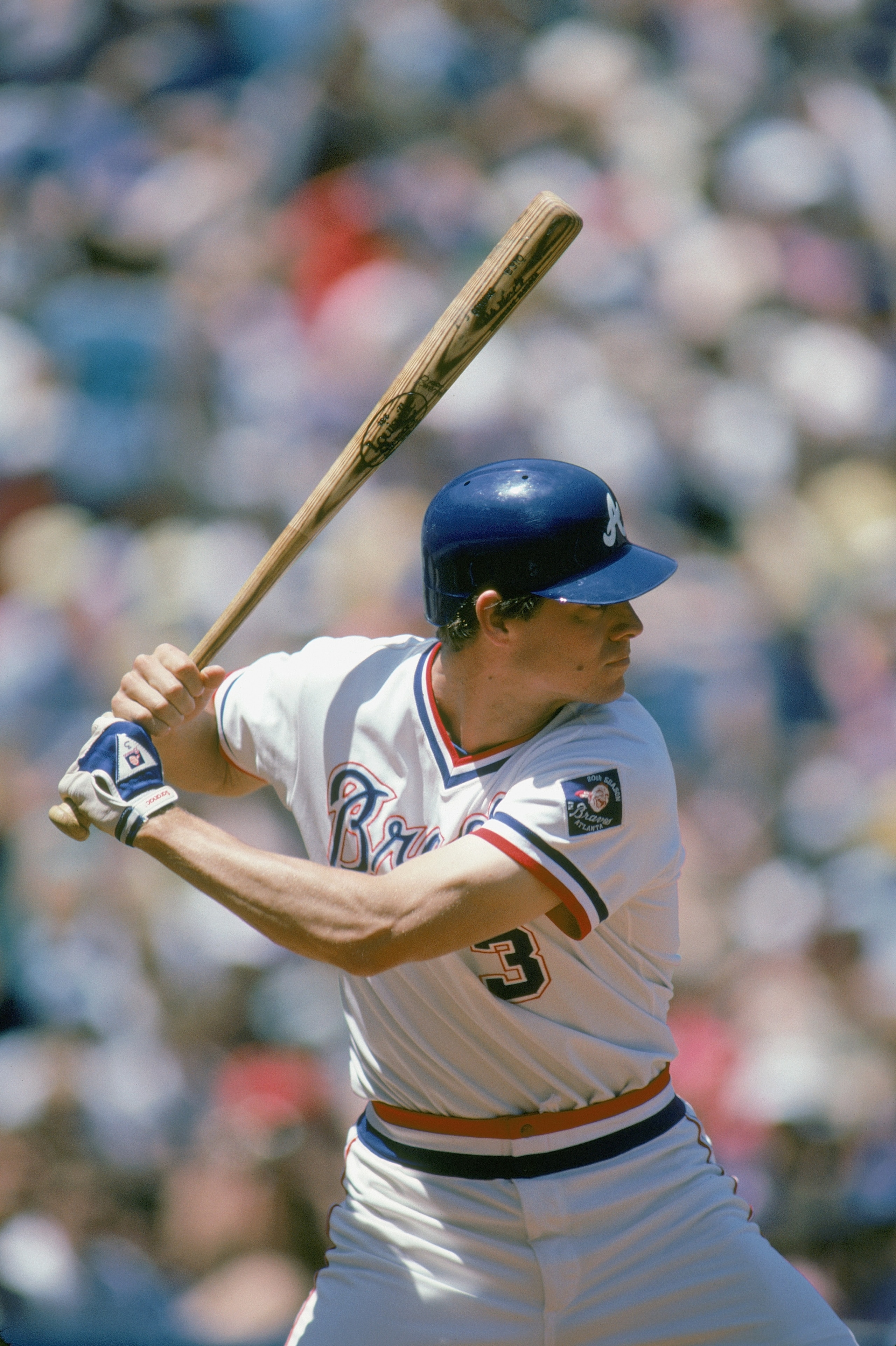 1985: Dale Murphy #3 of the Atlanta Braves readies at bat during a game in1985. Dale Murphy played for the Atlanta Braves from 1976-1990. (Photo by Scott Cunningham/Getty Images) 1985: Dale Murphy #3 of the Atlanta Braves readies at bat during a game in1985. Dale Murphy played for the Atlanta Braves from 1976-1990. (Photo by Scott Cunningham/Getty Images)