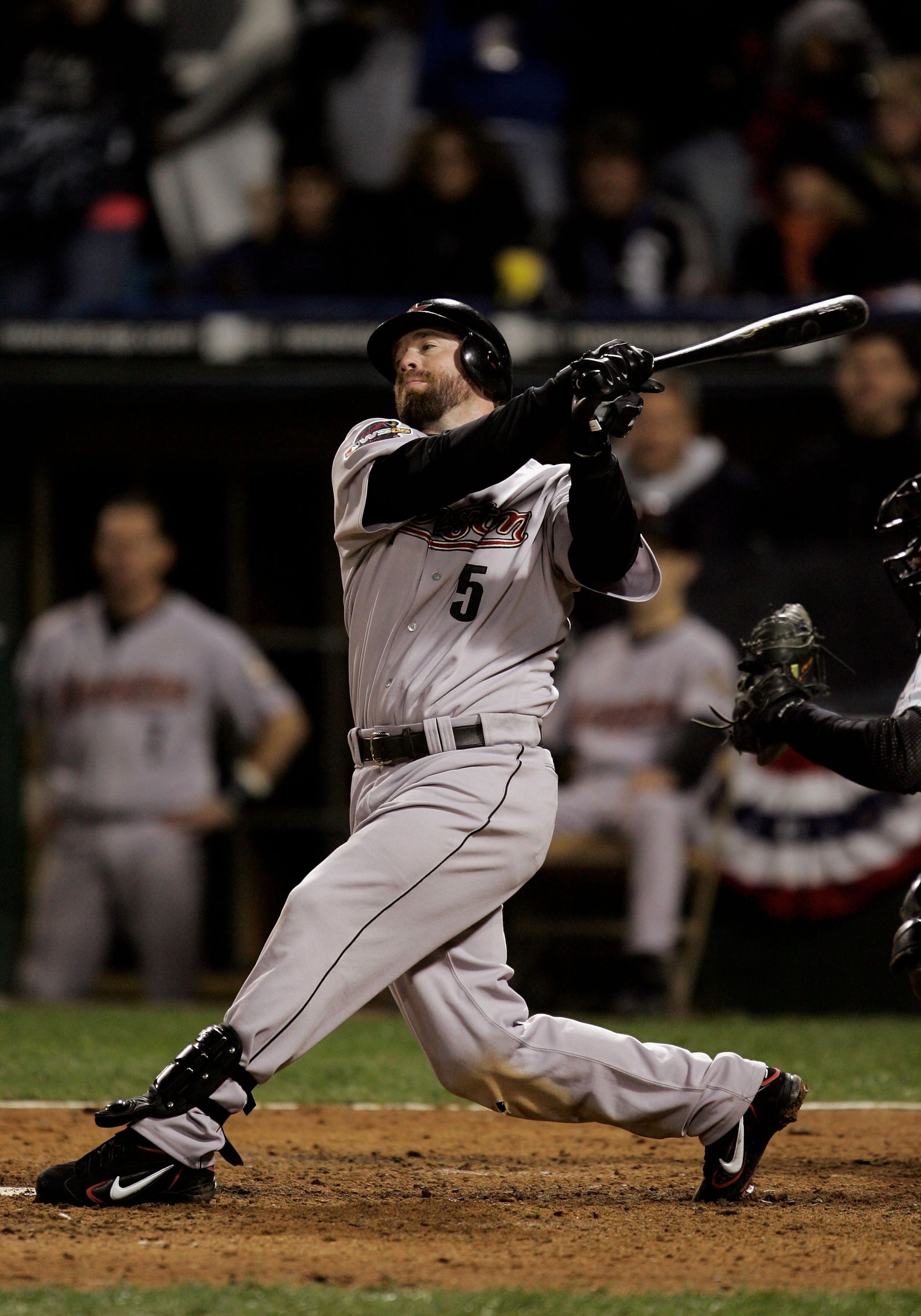 CHICAGO - OCTOBER 22: Designated hitter Jeff Bagwell #5 of the Houston Astros strikes out to end the eigth inning of Game One of the 2005 Major League Baseball World Series against the Chicago White Sox at U.S. Celluar Field on October 22, 2005 in Chicag CHICAGO - OCTOBER 22: Designated hitter Jeff Bagwell #5 of the Houston Astros strikes out to end the eigth inning of Game One of the 2005 Major League Baseball World Series against the Chicago White Sox at U.S. Celluar Field on October 22, 2005 in Chicag