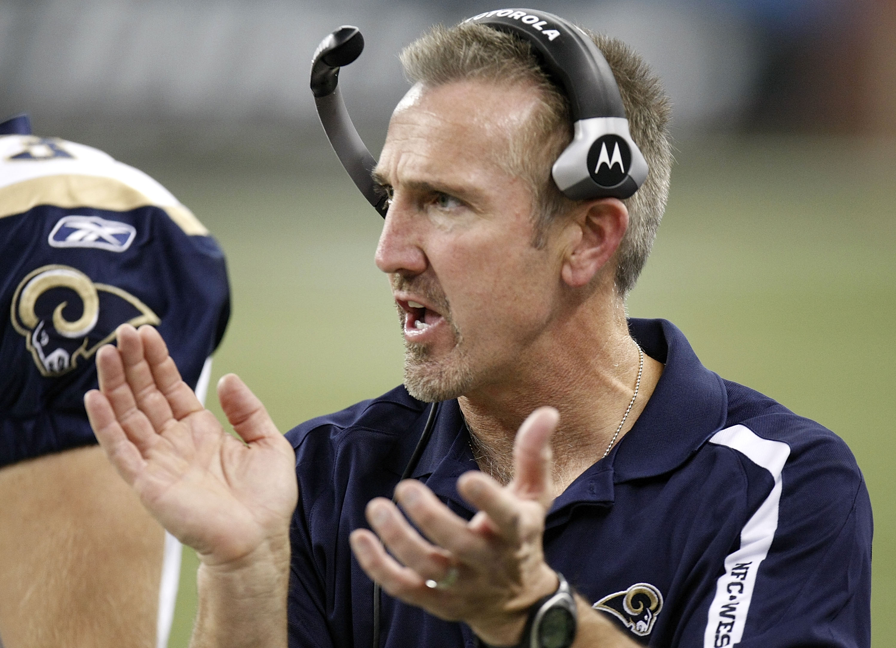 DETROIT , MI - NOVEMBER 01:  Head coach Steve Spagnuolo of the St. Louis Rams looks on while playing the Detroit Lions on November 1, 2009 at Ford Field in Detroit, Michigan. St. Louis won the game 17-10.  (Photo by Gregory Shamus/Getty Images)