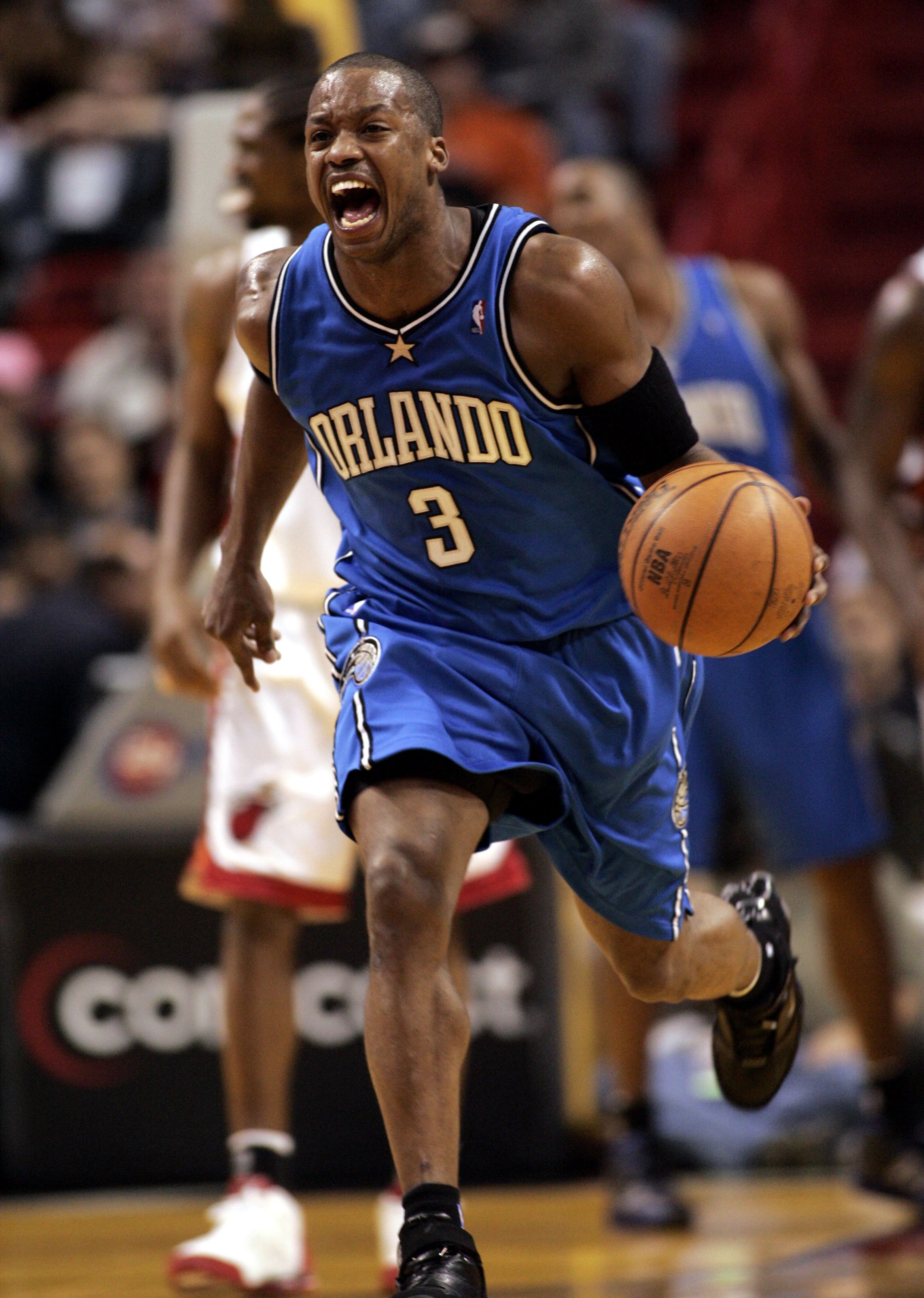 MIAMI - FEBRUARY 14:  Steve Francis #3 of the Orlando Magic moves the ball down court against the Miami Heat February 14, 2006 at the American Airlines Arena in Miami  Florida. NOTE TO USER: User expressly acknowledges and agrees that, by downloading and/