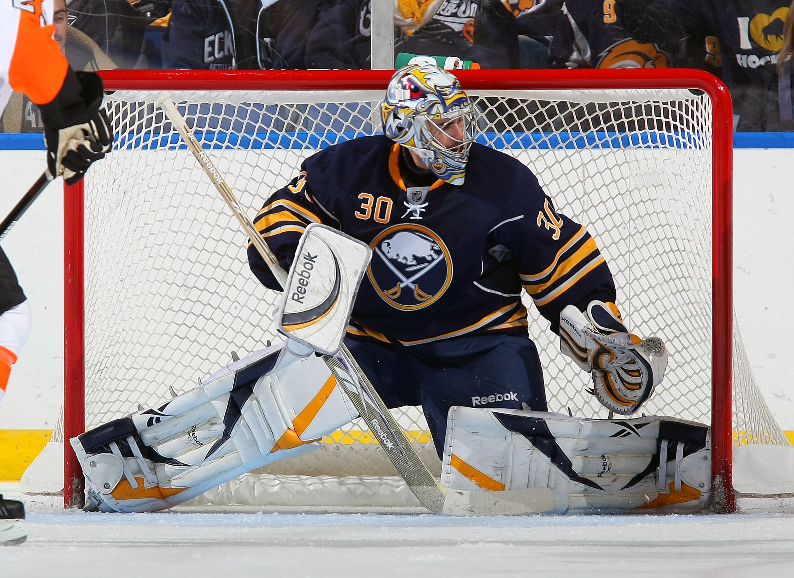 BUFFALO - OCTOBER 3:  Ryan Miller #30 of the Buffalo Sabres keeps his eyes on play against the Philadelphia Flyers during their NHL game at HSBC Arena October 3, 2010 in Buffalo, New York. The Sabres won 9-3. (Photo By Dave Sandford/Getty Images)