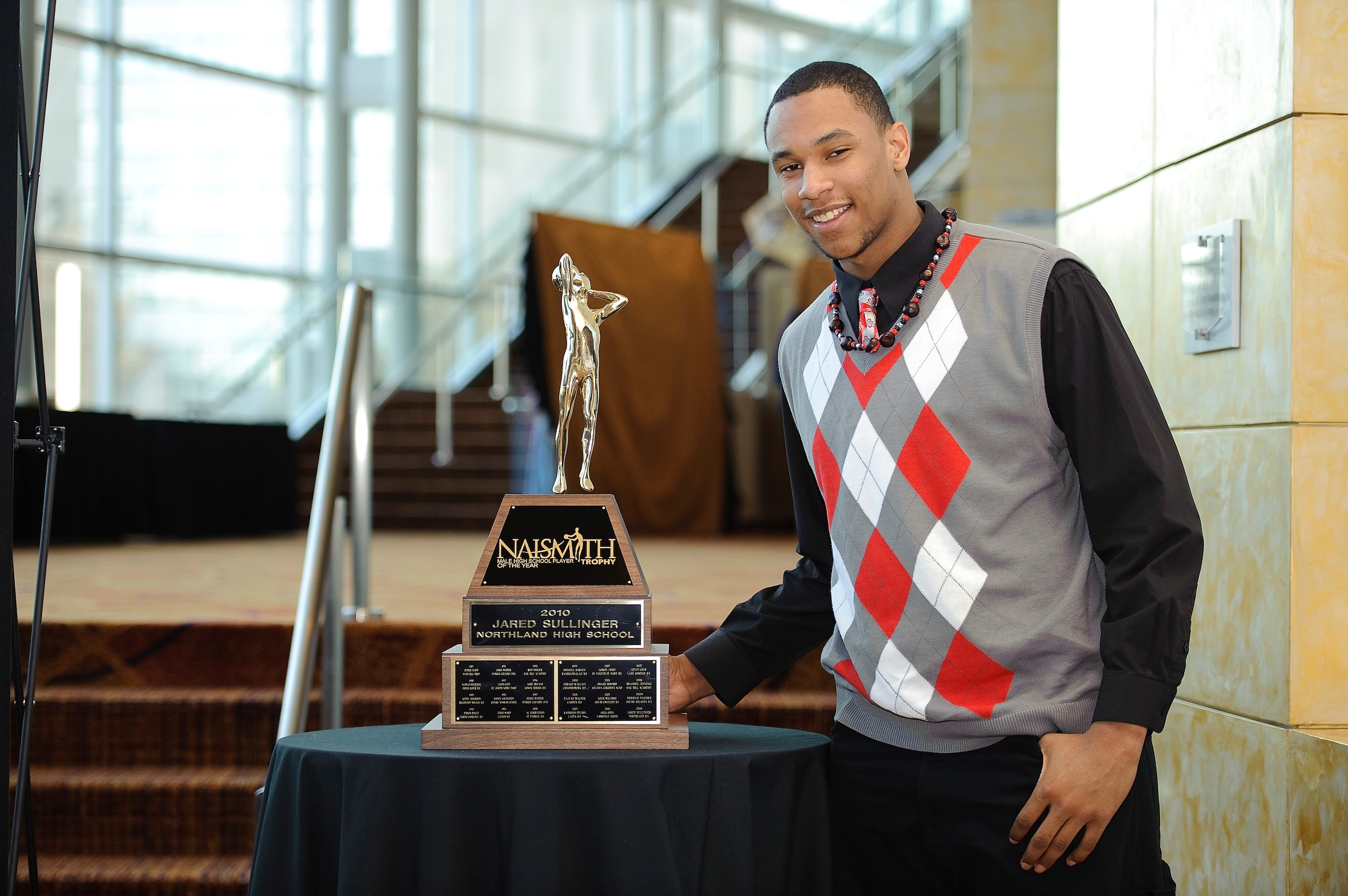ATLANTA - MARCH 23: Jared Sullinger of Northland High School in Columbus, Ohio poses with his trophy for the Boy's 'Naismith High School Player of the Year' at the Atlanta Tipoff Club Naismith Award Banquet at the Cobb Energy Performing Arts Center on Mar ATLANTA - MARCH 23: Jared Sullinger of Northland High School in Columbus, Ohio poses with his trophy for the Boy's 'Naismith High School Player of the Year' at the Atlanta Tipoff Club Naismith Award Banquet at the Cobb Energy Performing Arts Center on Mar