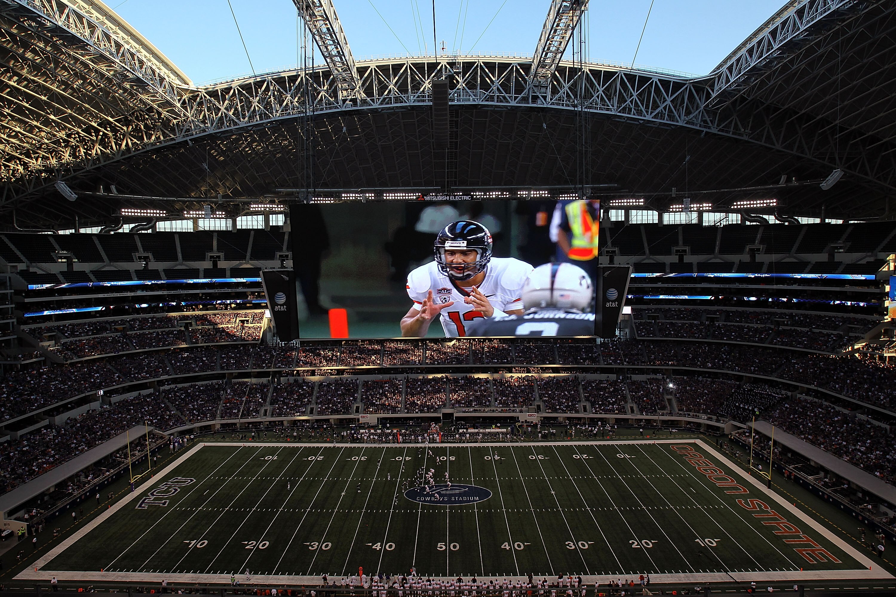 ARLINGTON, TX - SEPTEMBER 04:  Quarterback Ryan Katz #12 of the Oregon State Beavers is shown on the video screen against the TCU Horned Frogs at Cowboys Stadium on September 4, 2010 in Arlington, Texas.  (Photo by Ronald Martinez/Getty Images)