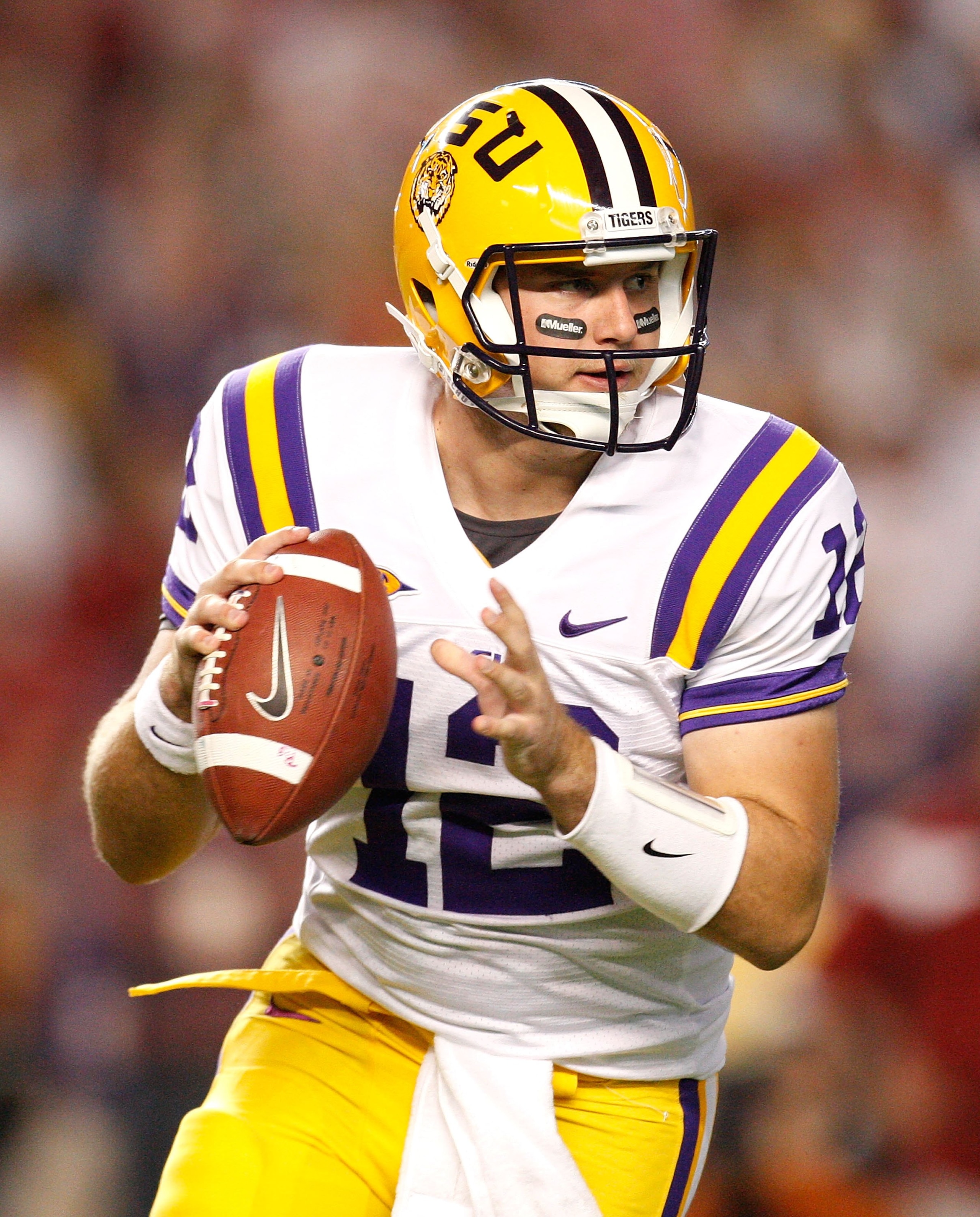 TUSCALOOSA, AL - NOVEMBER 07:  Jarrett Lee #12 of the Louisiana State University Tigers against the Alabama Crimson Tide at Bryant-Denny Stadium on November 7, 2009 in Tuscaloosa, Alabama.  (Photo by Kevin C. Cox/Getty Images)