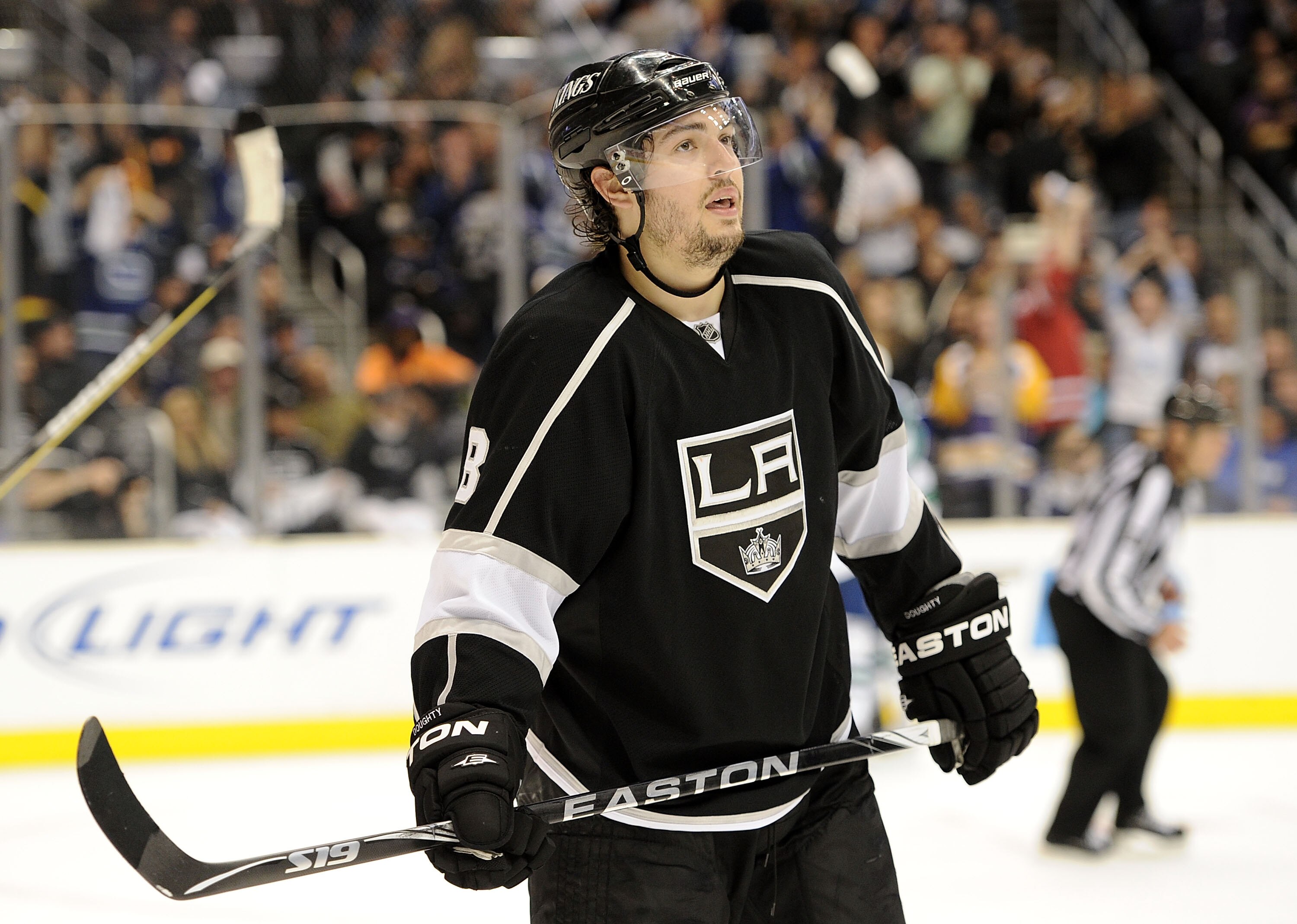 LOS ANGELES, CA - APRIL 21:  Drew Doughty #8 of the Los Angeles Kings reacts after the goal of Sami Salo #6 of the Vancouver Canucks during the third period in game four of the Western Conference Quarter-final at Staples Center on April 21, 2010 in Los An