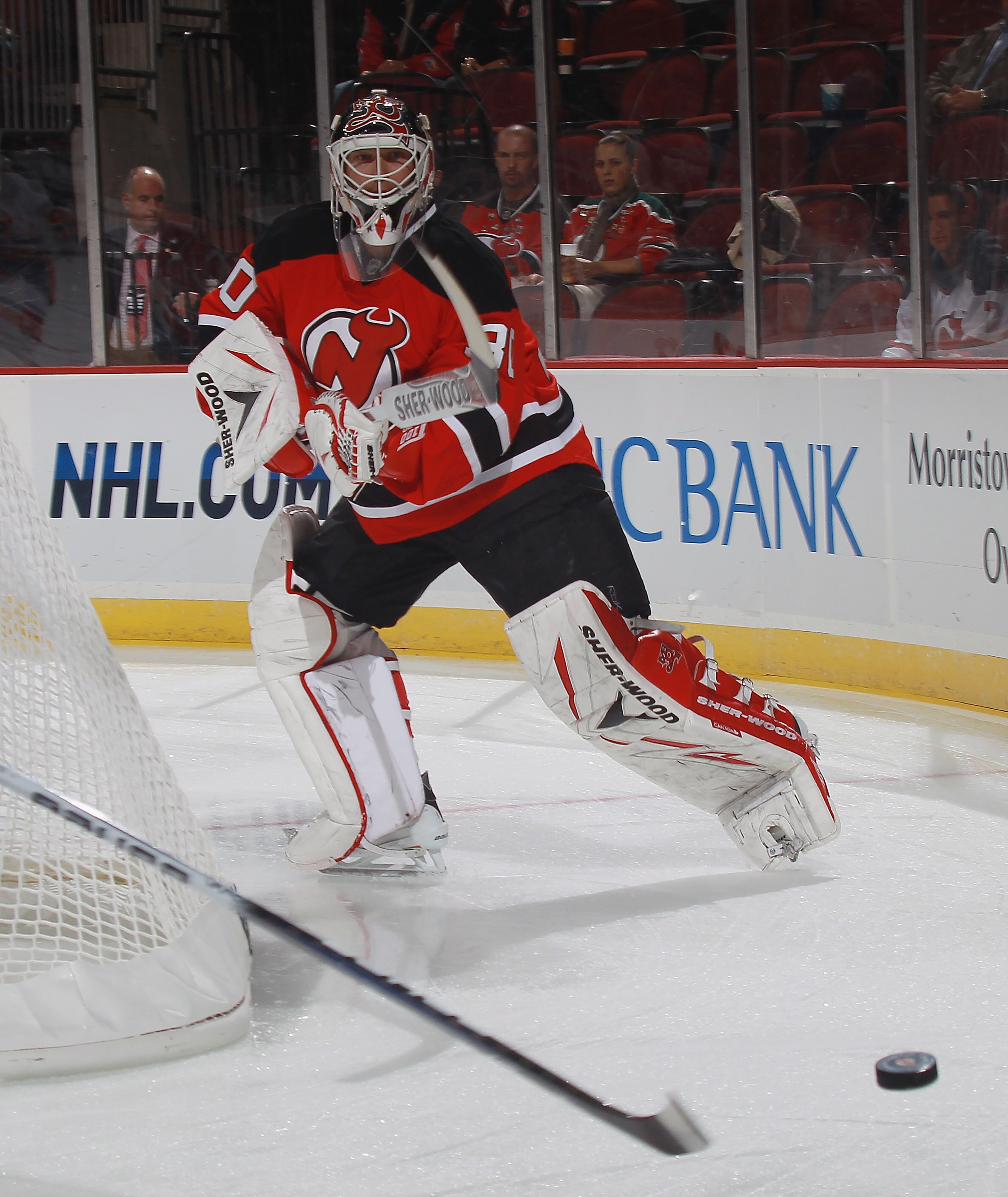 NEWARK, NJ - OCTOBER 01:  Martin Brodeur #30 of the New Jersey Devils tends net against the New York Islanders at the Prudential Center on October 1, 2010 in Newark, New Jersey.The Devils defeated the Islanders 4-3.  (Photo by Bruce Bennett/Getty Images)