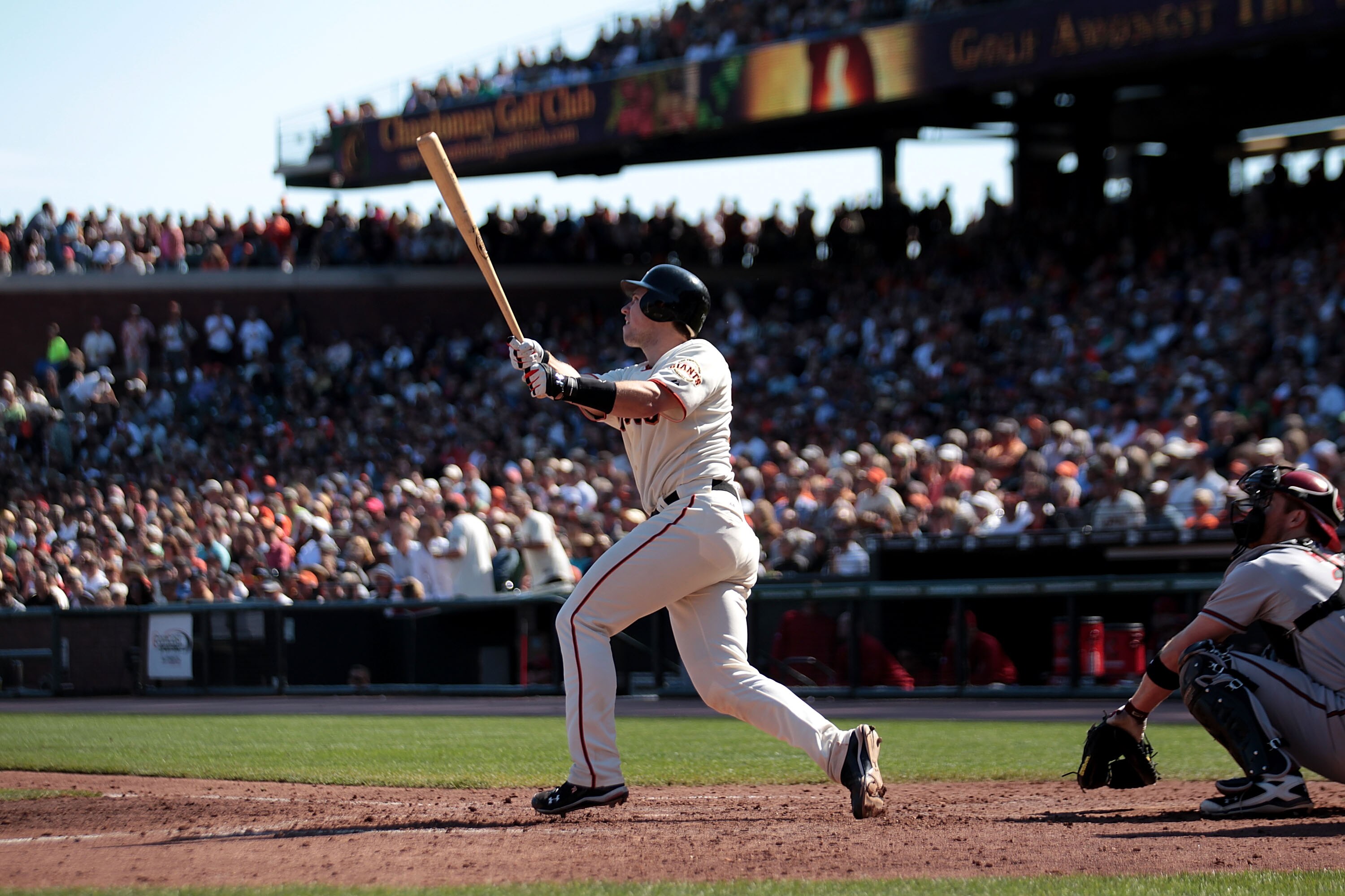 SAN FRANCISCO - SEPTEMBER 30:  Buster Posey #28 of the San Francisco Giants hits a two run home run in sixth inning against the Arizona Diamondbacks during a Major League Baseball game at AT&T Park on September 30, 2010 in San Francisco, California.  (Pho