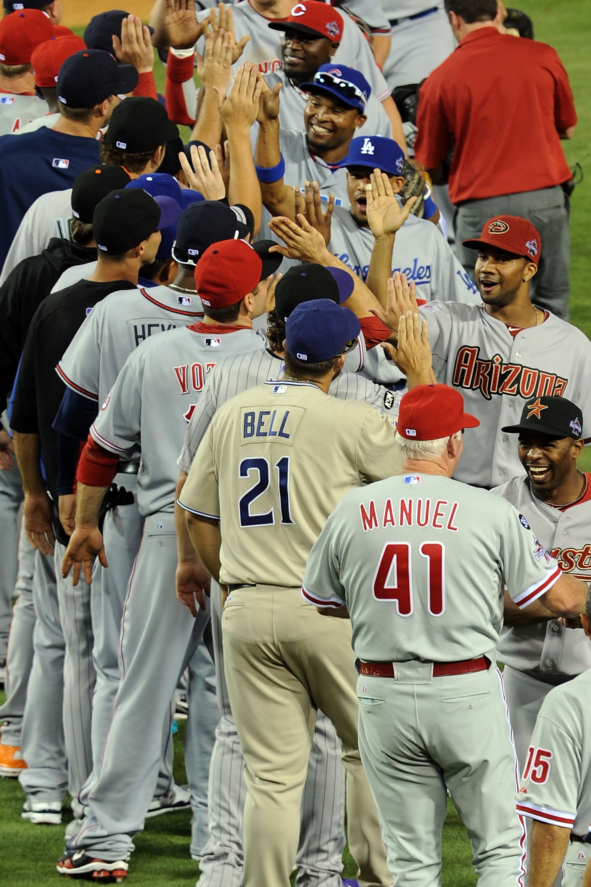 ANAHEIM, CA - JULY 13:  National League celebrates after their win in the 81st MLB All-Star Game at Angel Stadium of Anaheim on July 13, 2010 in Anaheim, California. The National League defeated the American League 3-1 for their first win the All-Star Gam