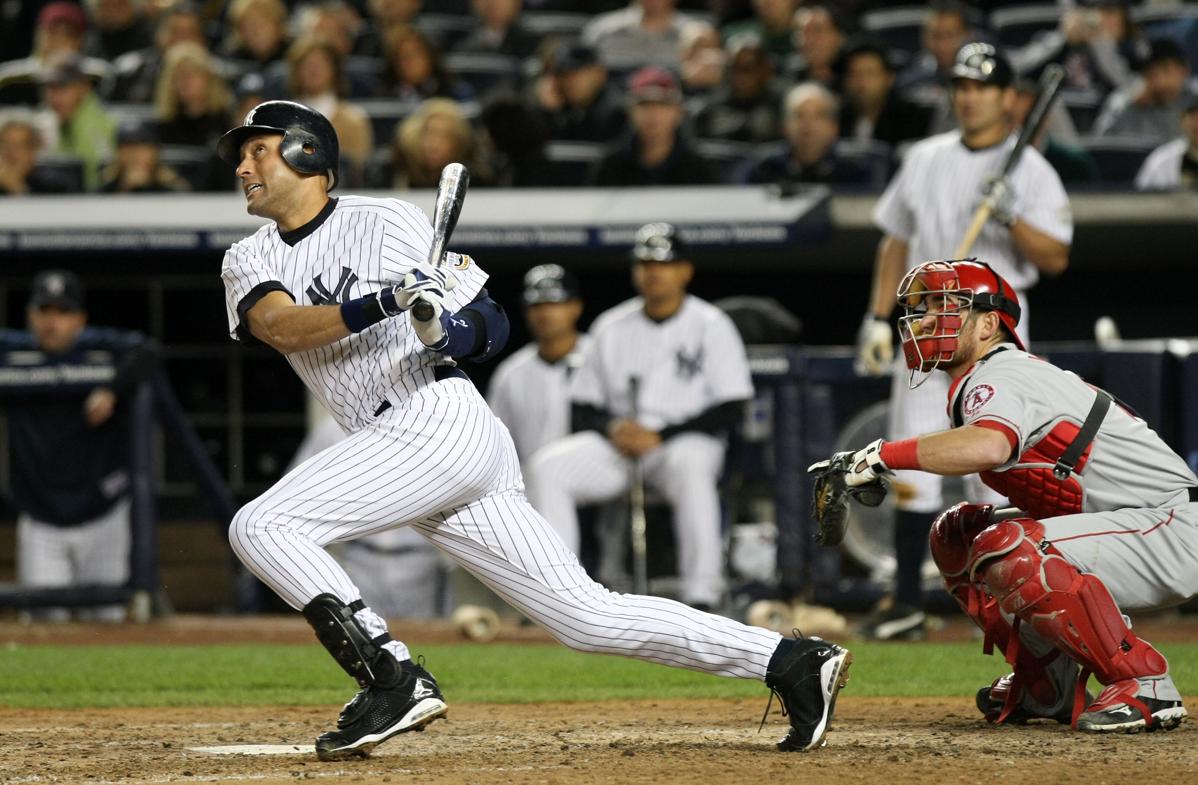 NEW YORK - OCTOBER 25:  Derek Jeter #2 of the New York Yankees bats against the Los Angeles Angels of Anaheim in Game Six of the ALCS during the 2009 MLB Playoffs at Yankee Stadium on October 25, 2009 in the Bronx borough of New York City.  (Photo by Nick