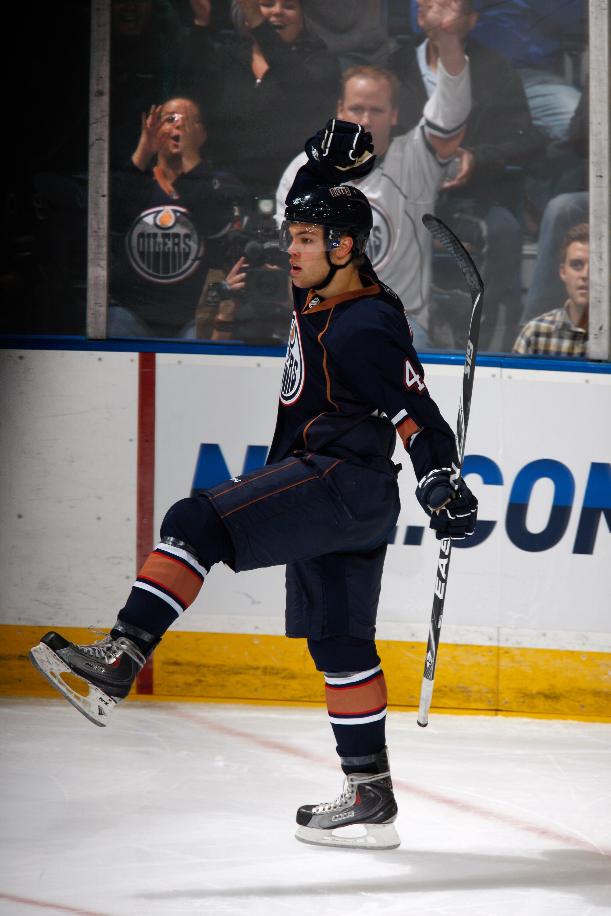 EDMONTON, CANADA - SEPTEMBER 23:  Taylor Hall #4 of the Edmonton Oilers celebrates his 3rd period goal on September 23, 2010 at Rexall Place in Edmonton, Alberta, Canada. (Photo by Dale MacMillan/Getty Images)