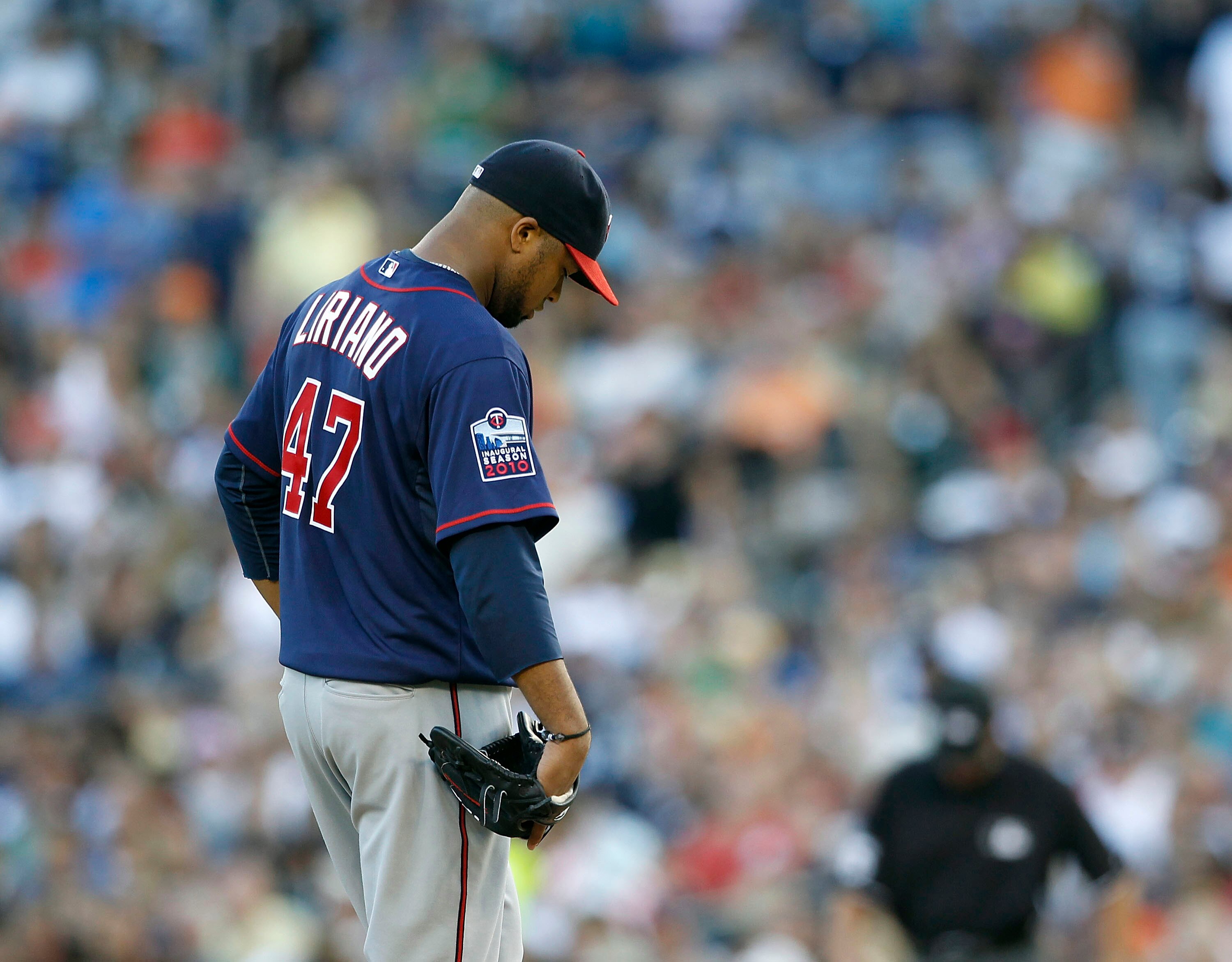 DETROIT - JULY 09:  Francisco Liriano #47 of the Minnesota Twins reacts after giving up a second-inning triple off the bat of Carlos Guillen #9 of the Detroit Tigers during the game on July 9, 2010 at Comerica Park in Detroit, Michigan. The Tigers defeate