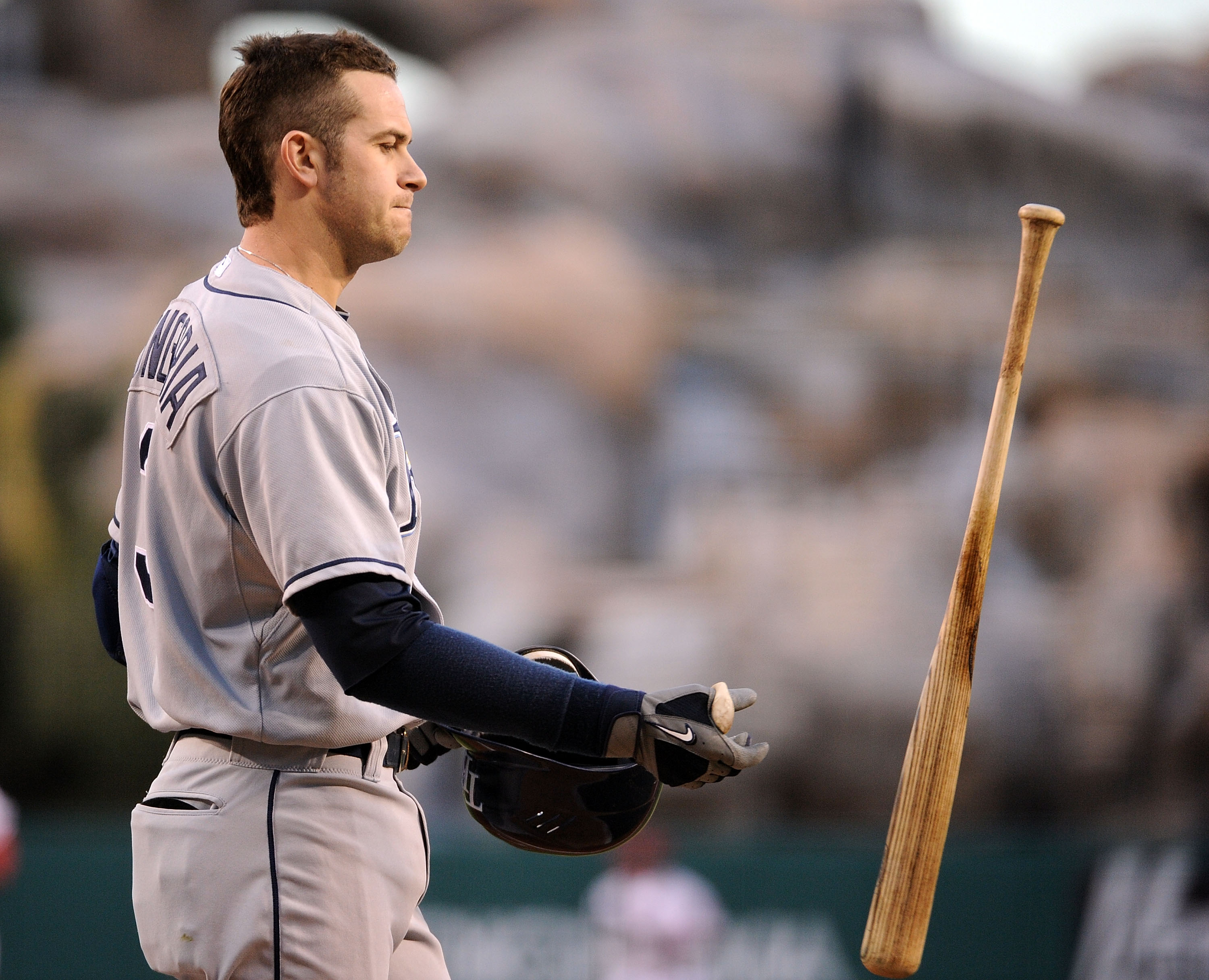 ANAHEIM, CA - MAY 11:  Evan Longoria #3 of the Tampa Bay Rays reacts after his strikeout against the Los Angeles Angels during the first inning at Angels Stadium on May 11, 2010 in Anaheim, California.  (Photo by Harry How/Getty Images)