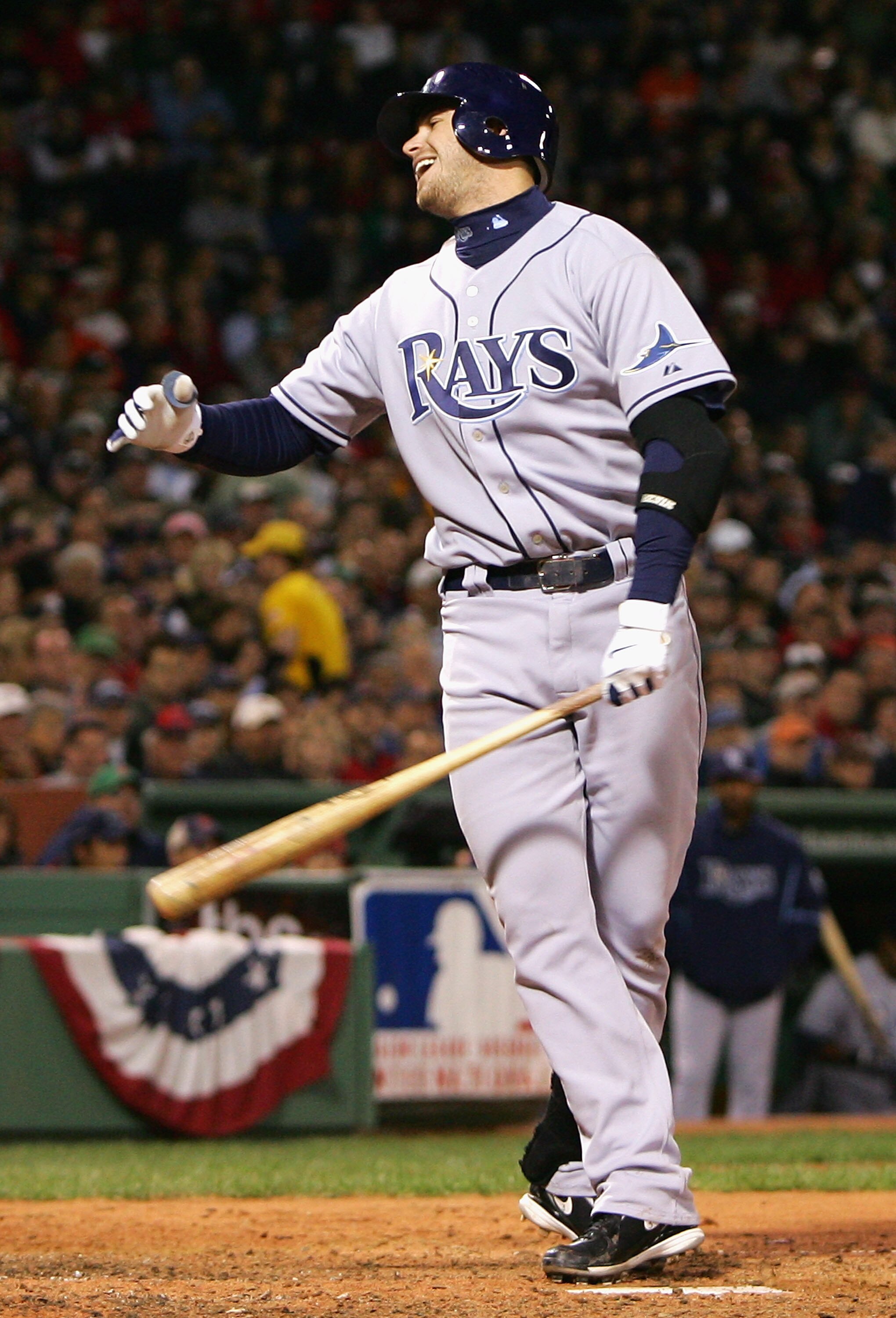 BOSTON - OCTOBER 16:  Evan Longoria #3 of the Tampa Bay Rays reacts after striking out against the Boston Red Sox in the fifth inning of game five of the American League Championship Series during the 2008 MLB playoffs at Fenway Park on October 16, 2008 i