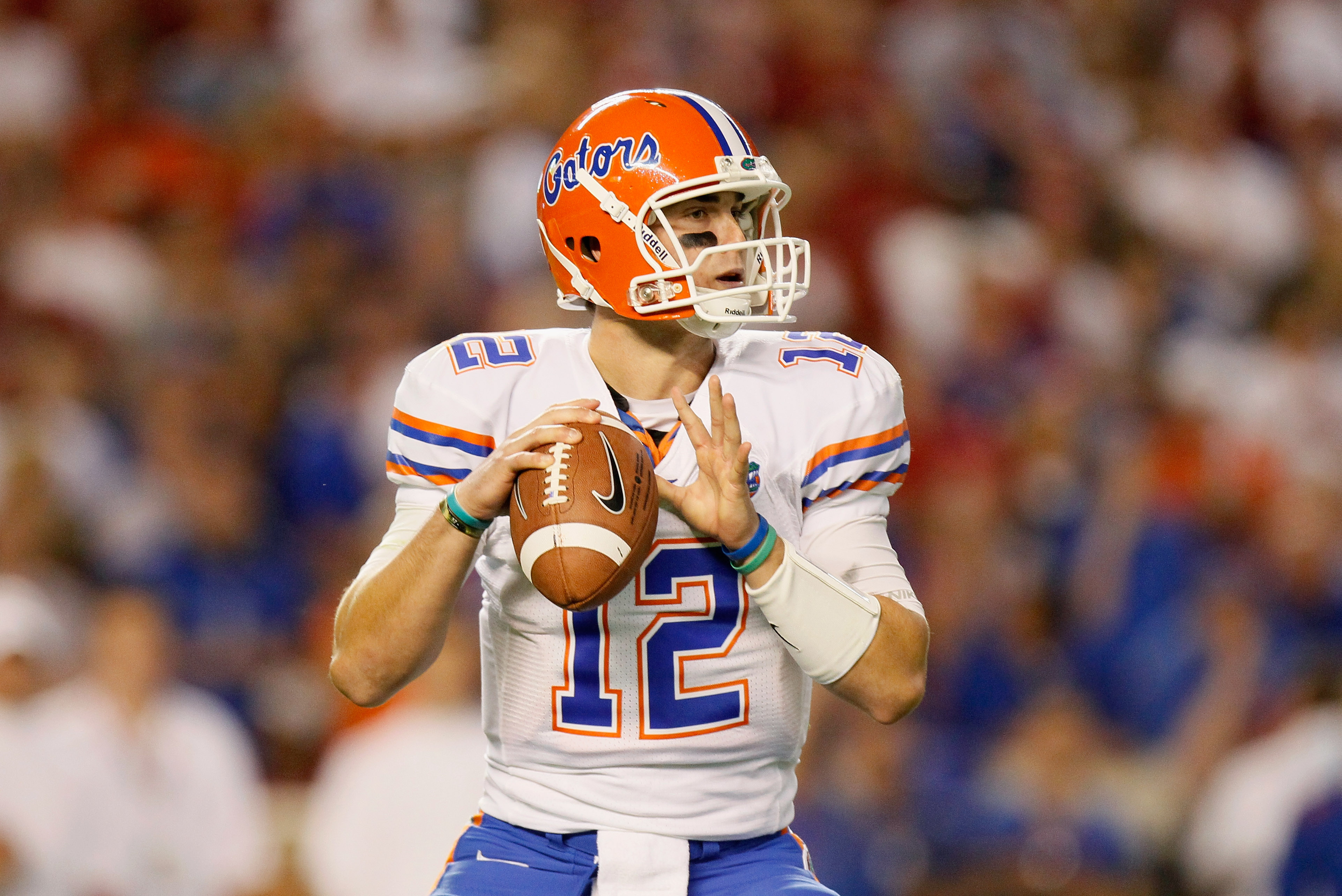 TUSCALOOSA, AL - OCTOBER 02:  Quarterback John Brantley #12 of the Florida Gators looks to pass against the Alabama Crimson Tide at Bryant-Denny Stadium on October 2, 2010 in Tuscaloosa, Alabama.  (Photo by Kevin C. Cox/Getty Images)