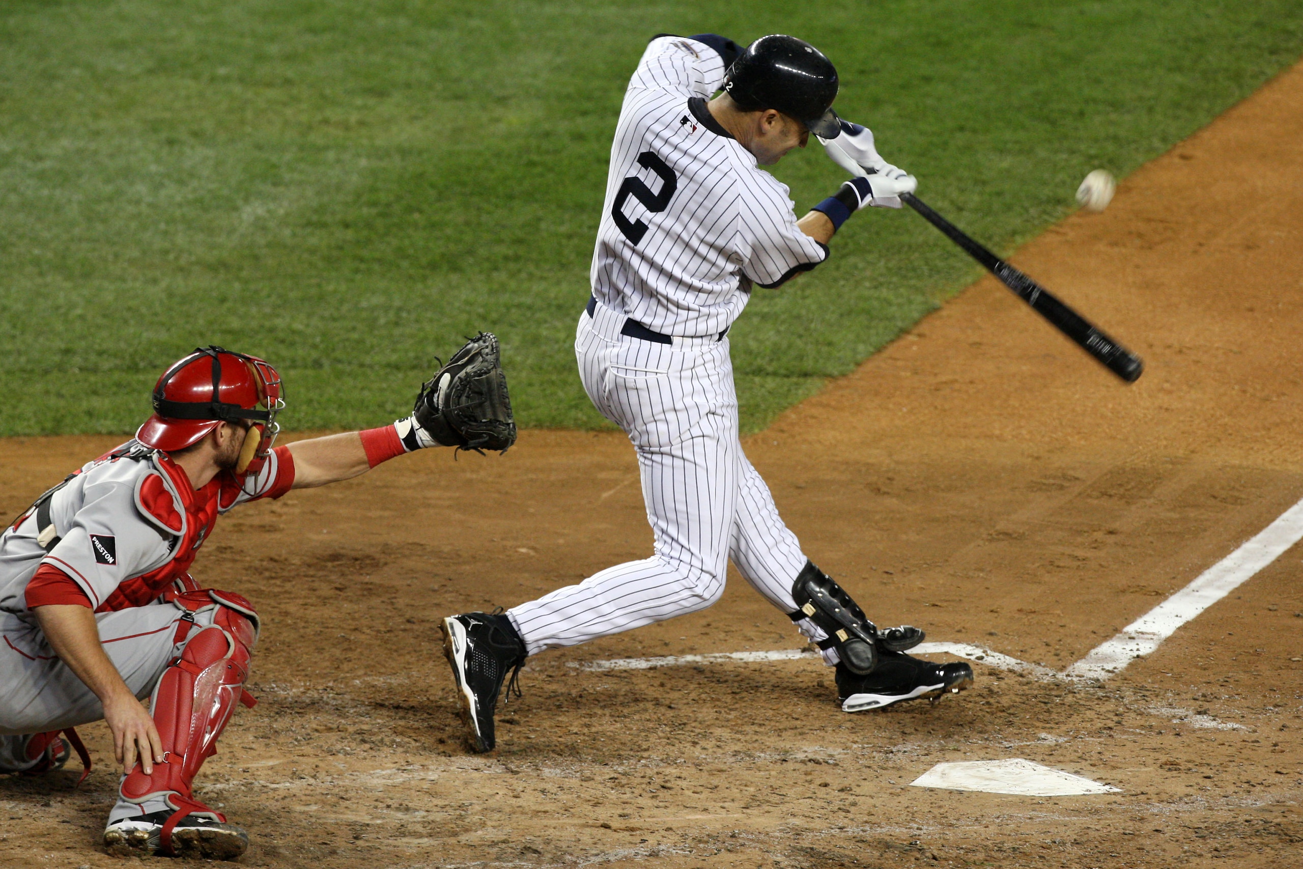 NEW YORK - OCTOBER 25:  Derek Jeter #2 of the New York Yankees bats against the Los Angeles Angels of Anaheim in Game Six of the ALCS during the 2009 MLB Playoffs at Yankee Stadium on October 25, 2009 in the Bronx borough of New York City.  (Photo by Jim