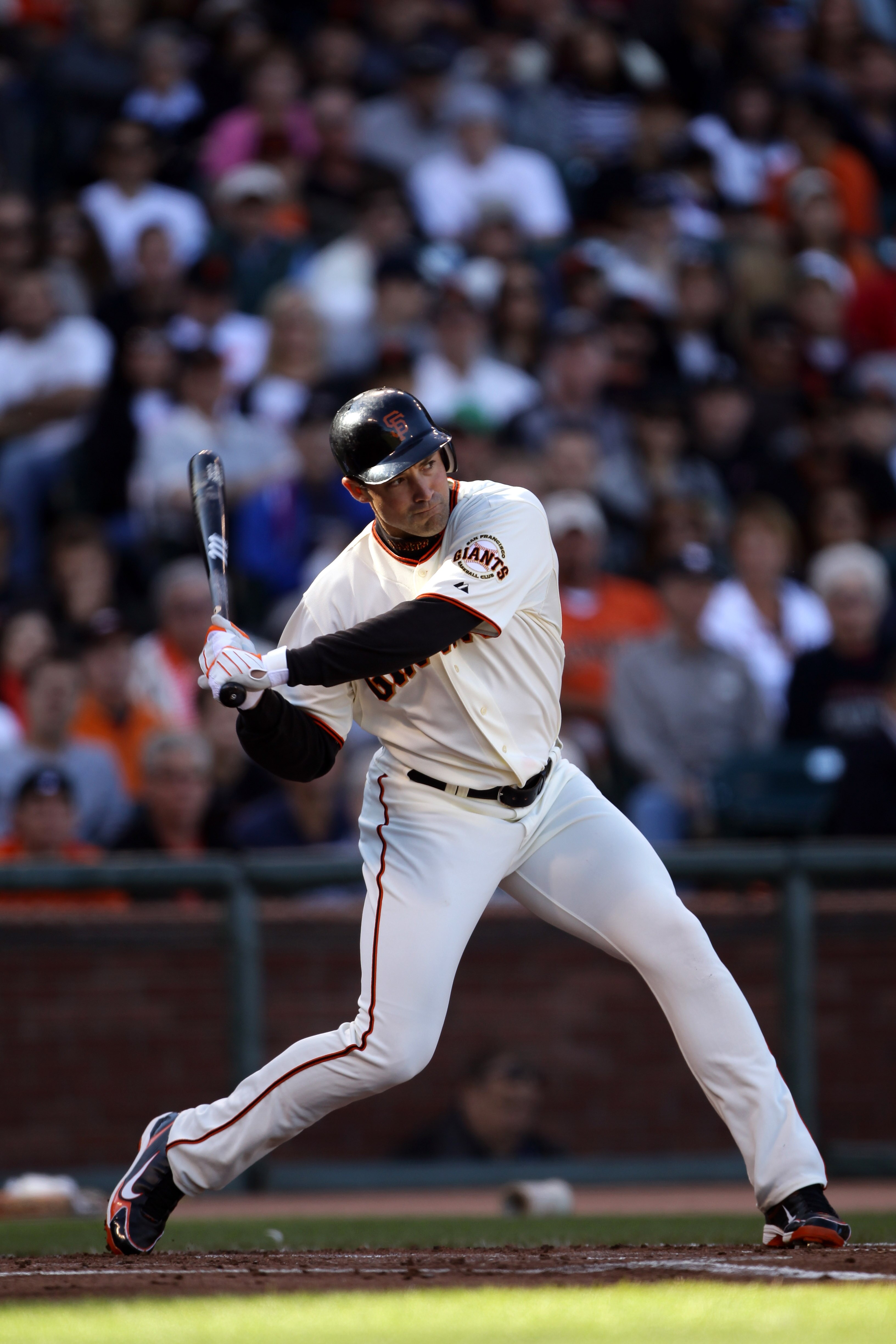 SAN FRANCISCO - AUGUST 01:  Pat Burrell #9 of the San Francisco Giants bats against the Los Angeles Dodgers at AT&T Park on August 1, 2010 in San Francisco, California.  (Photo by Ezra Shaw/Getty Images)