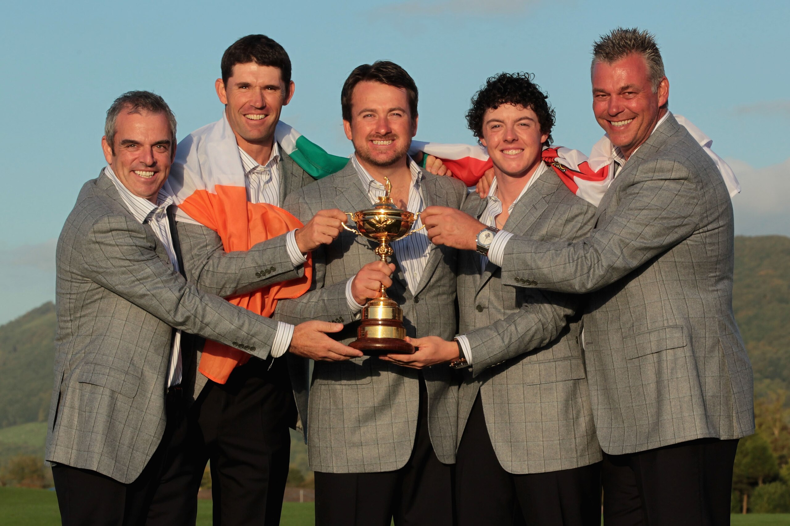 NEWPORT, WALES - OCTOBER 04:  (L-R) European Team members Paul McGinley, Padraig Harrington, Graeme McDowell, Rory McIlroy and Darren Clarke pose with the Ryder Cup following Europe's 14.5 to 13.5 victory over the USA at the 2010 Ryder Cup at the Celtic M