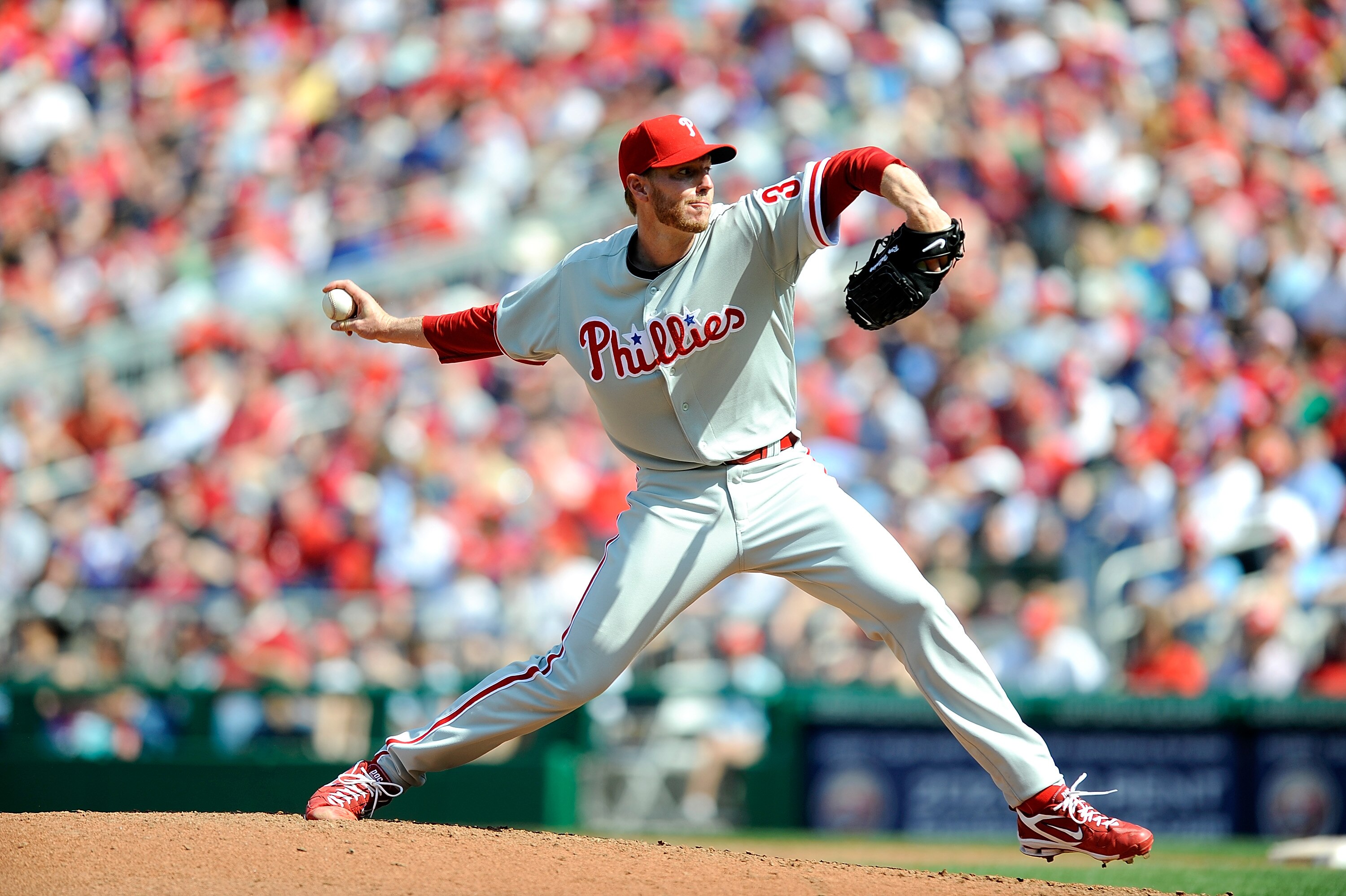 WASHINGTON - APRIL 05:  Roy Halladay #34 of the Philadelphia Phillies pitches against the Washington Nationals on Opening Day at Nationals Park on April 5, 2010 in Washington, DC.  (Photo by Greg Fiume/Getty Images)