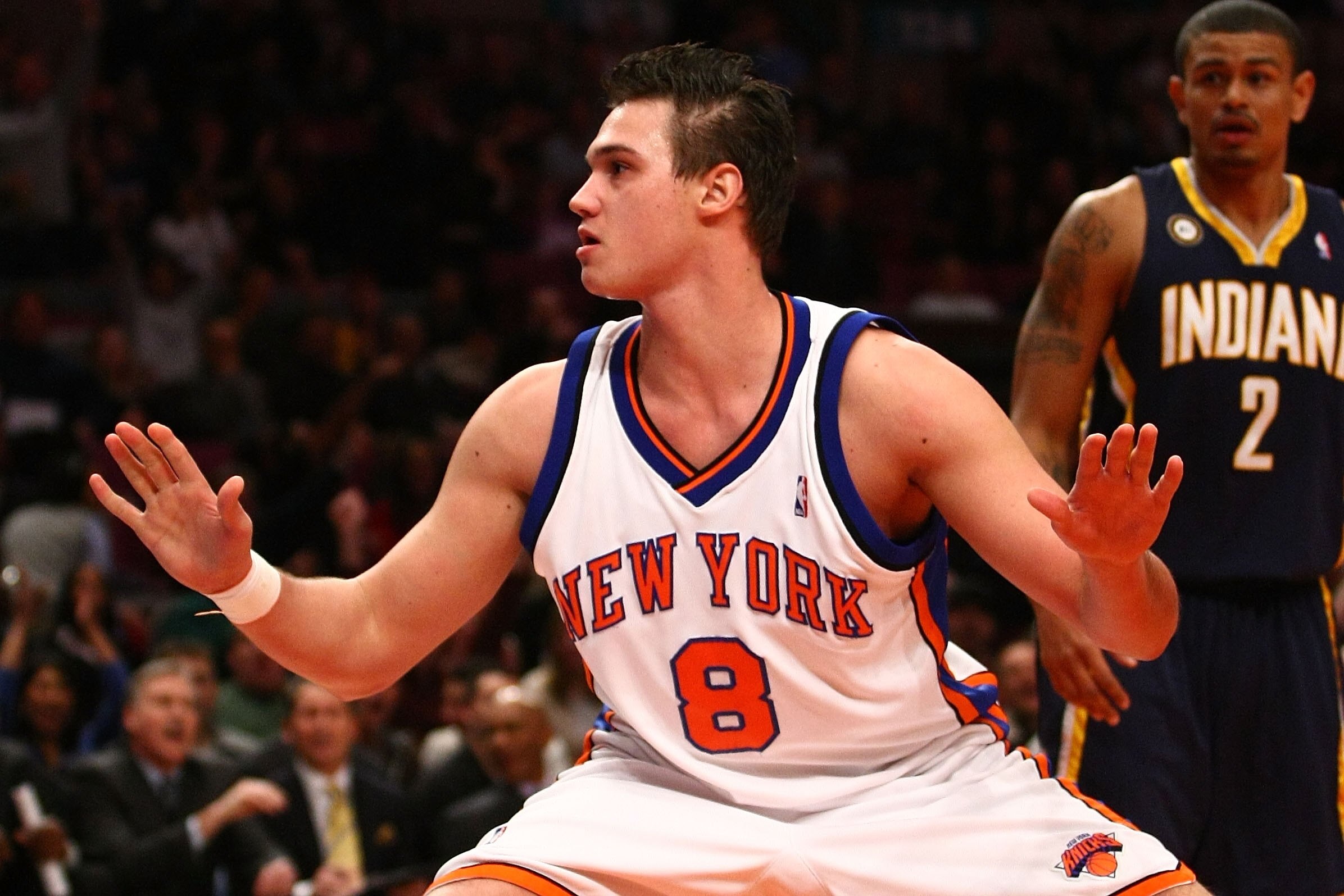 NEW YORK - JANUARY 03: Danilo Gallinari #8 of the New York Knicks celebrates after a slam dunk against the Indiana Pacers at Madison Square Garden January 3, 2010 in New York City. NOTE TO USER: User expressly acknowledges and agrees that, by downloading NEW YORK - JANUARY 03: Danilo Gallinari #8 of the New York Knicks celebrates after a slam dunk against the Indiana Pacers at Madison Square Garden January 3, 2010 in New York City. NOTE TO USER: User expressly acknowledges and agrees that, by downloading