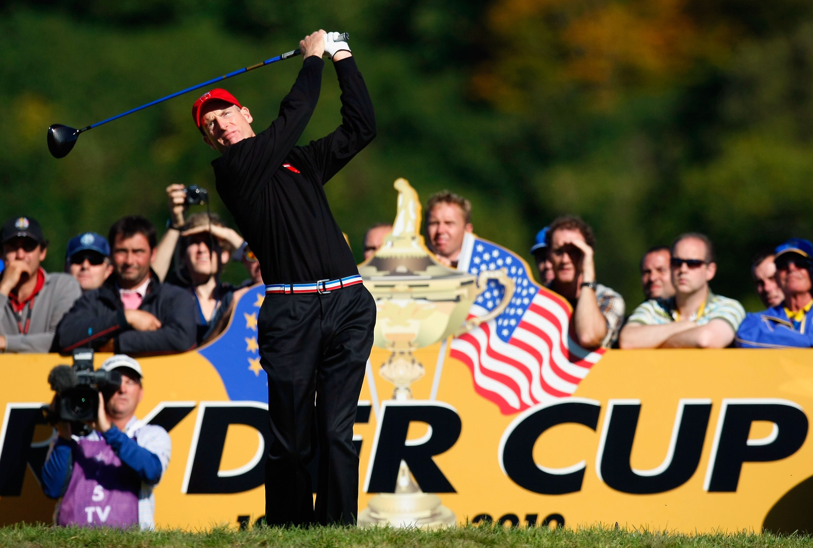 NEWPORT, WALES - OCTOBER 04:  Jim Furyk of the USA tees off in the singles matches during the 2010 Ryder Cup at the Celtic Manor Resort on October 4, 2010 in Newport, Wales. (Photo by Tom Dulat/Getty Images)
