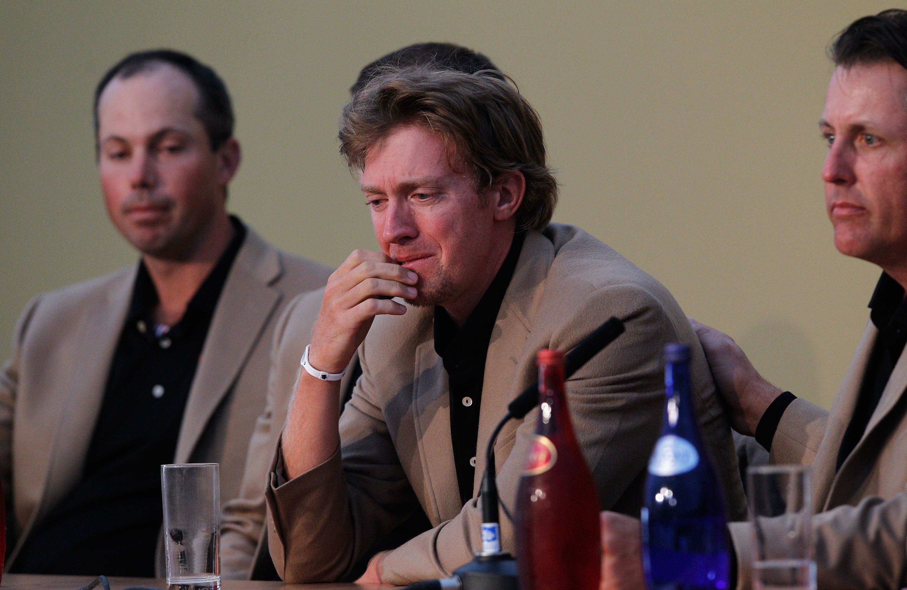 NEWPORT, WALES - OCTOBER 04:  USA Team member Hunter Mahan speaks to the media following Europe's 14.5 to 13.5 victory over the USA at the 2010 Ryder Cup at the Celtic Manor Resort on October 4, 2010 in Newport, Wales.  (Photo by Sam Greenwood/Getty Image