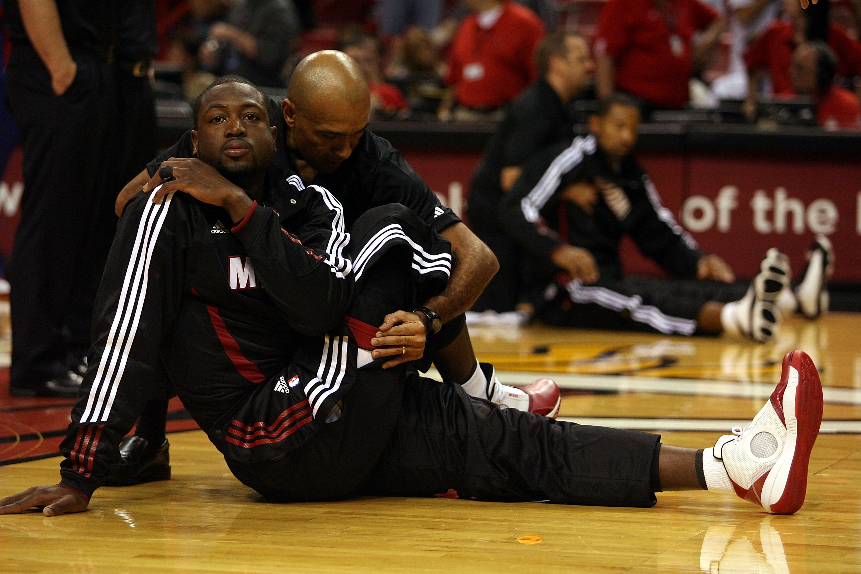 MIAMI - OCTOBER 05:  Dwyane Wade #3 (R) on the court before taking on the Detroit Pistons on October 5, 2010 in Miami, Florida.  NOTE TO USER: User expressly acknowledges and agrees that, by downloading and or using this photograph, User is consenting to