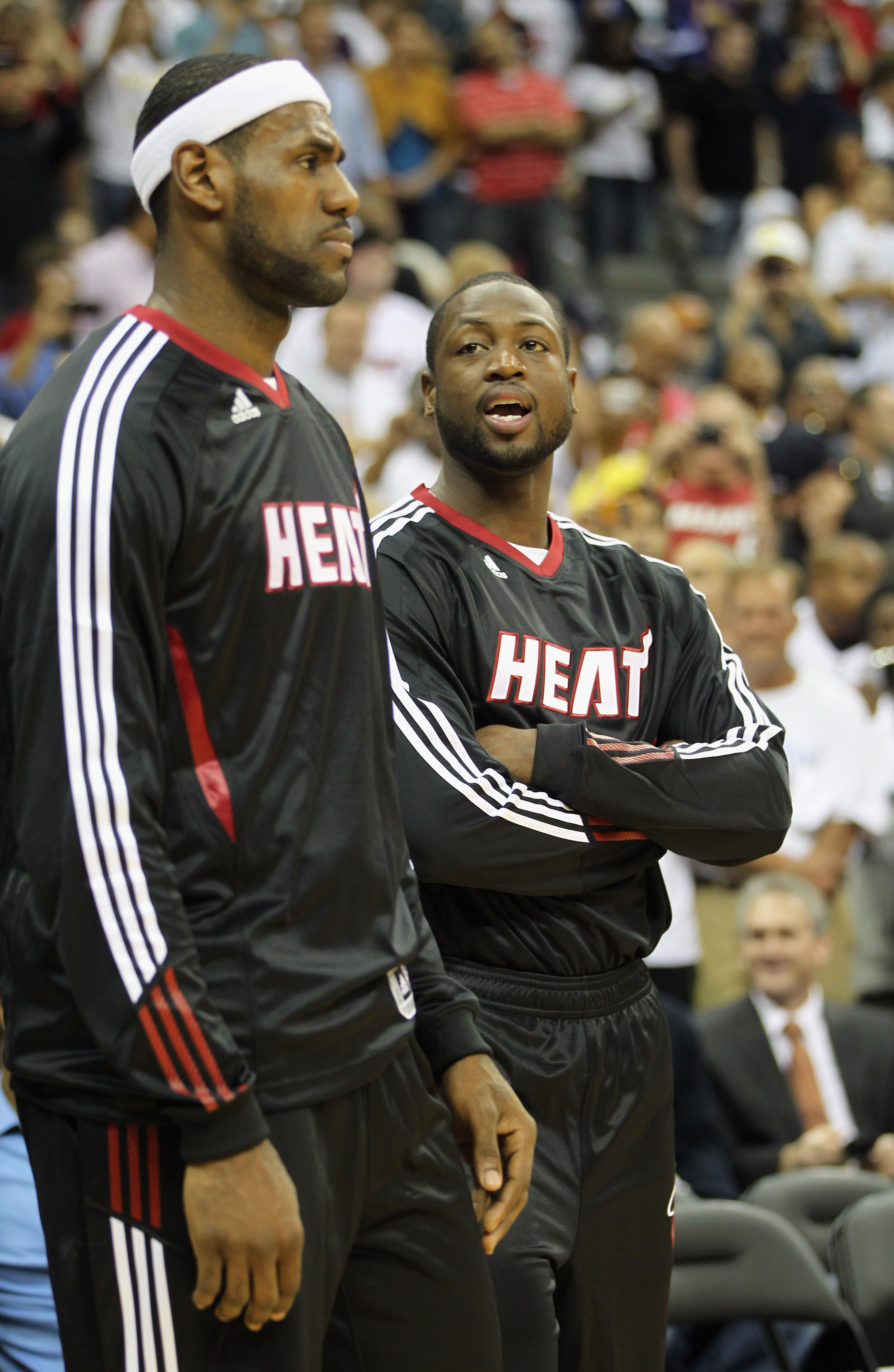 KANSAS CITY, MO - OCTOBER 08: LeBron James #6 and Dwayne Wade #3 of the Miami Heat talk prior to the start of the game against the Oklahoma City Thunder on October 8, 2010 at the Sprint Center in Kansas City, Missouri. (Photo by Jamie Squire/Getty Image KANSAS CITY, MO - OCTOBER 08: LeBron James #6 and Dwayne Wade #3 of the Miami Heat talk prior to the start of the game against the Oklahoma City Thunder on October 8, 2010 at the Sprint Center in Kansas City, Missouri. (Photo by Jamie Squire/Getty Image