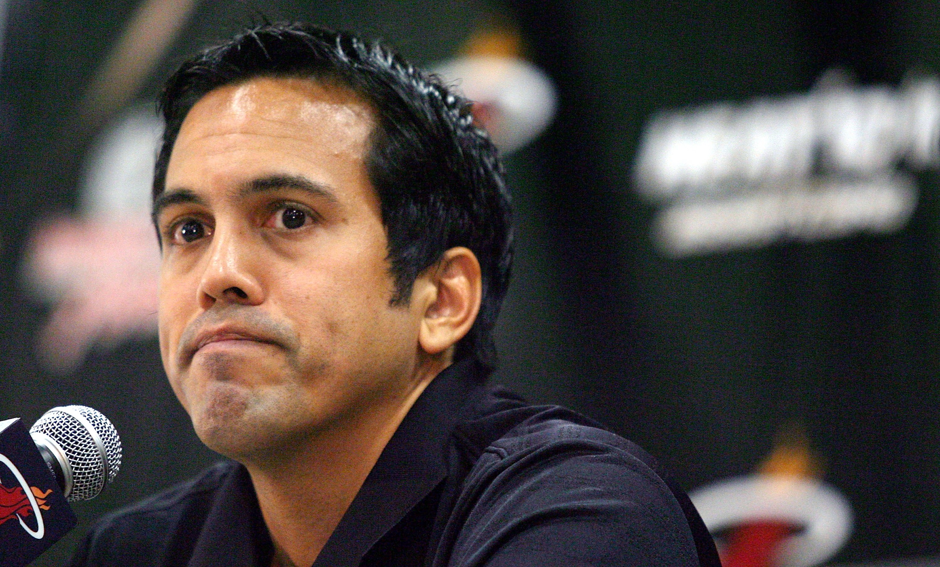 MIAMI - SEPTEMBER 27:  Head coach Erik Spoelstra of the Miami Heat answers questions during media day at the Bank United Center on September 27, 2010 in Miami, Florida.  (Photo by Marc Serota/Getty Images)
