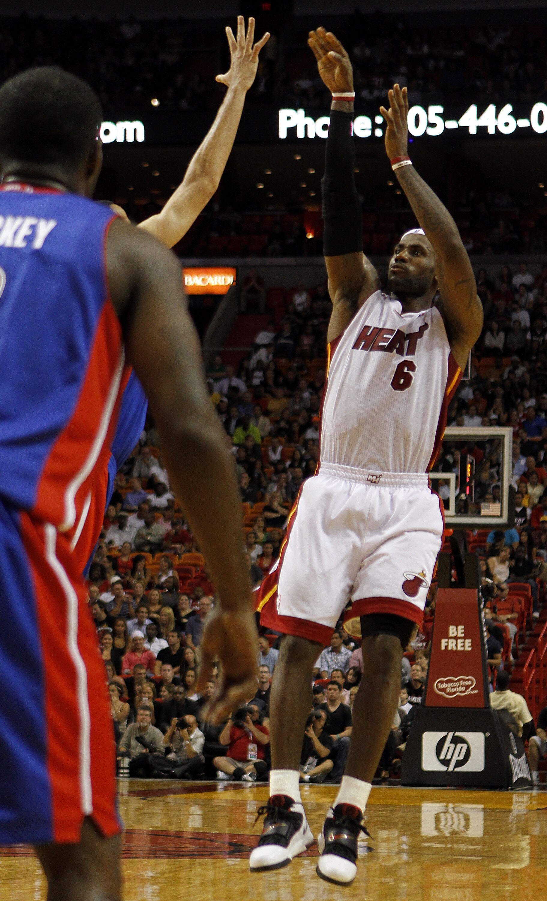 MIAMI - OCTOBER 05: Forward LeBron James #6 plays against the Detroit Pistons on October 5, 2010 in Miami, Florida. NOTE TO USER: User expressly acknowledges and agrees that, by downloading and or using this photograph, User is consenting to the terms a MIAMI - OCTOBER 05: Forward LeBron James #6 plays against the Detroit Pistons on October 5, 2010 in Miami, Florida. NOTE TO USER: User expressly acknowledges and agrees that, by downloading and or using this photograph, User is consenting to the terms a