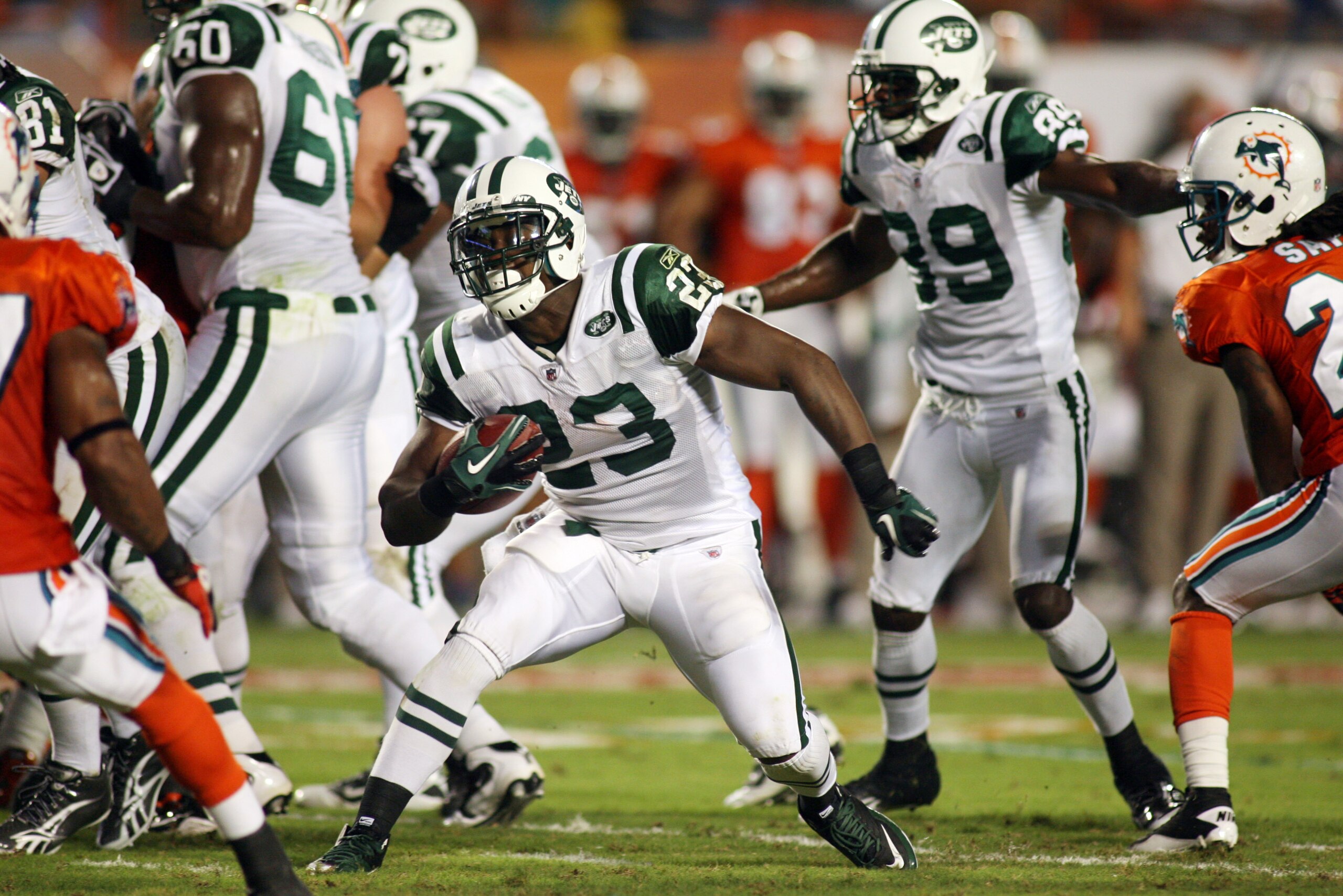 MIAMI - SEPTEMBER 26: Running back Shonn Greene #23 of the New York Jets runs against the Miami Dolphins at Sun Life Stadium on September 26, 2010 in Miami, Florida. The Jets won 31-23. (Photo by Marc Serota/Getty Images)