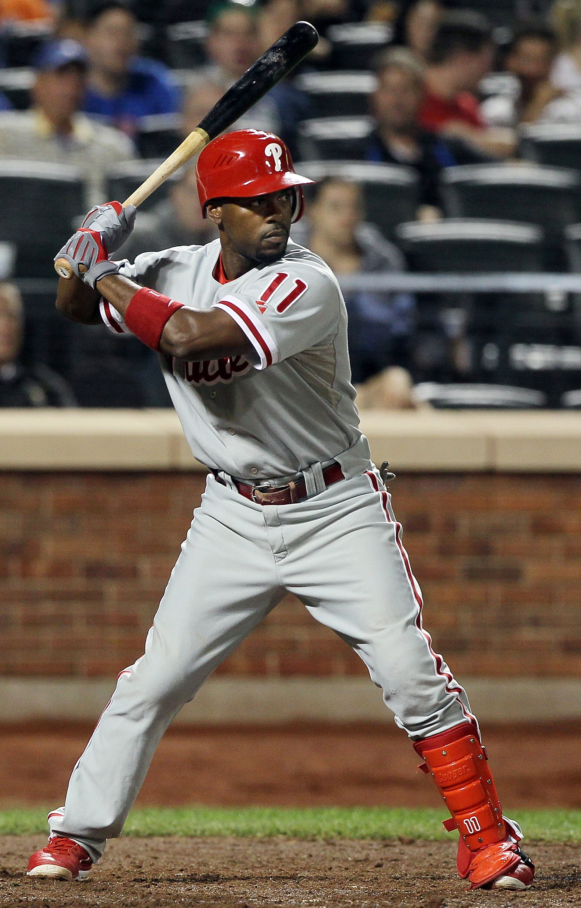 NEW YORK - AUGUST 14:  Jimmy Rollins #11 of the Philadelphia Phillies bats against the New York Mets on August 14, 2010 at Citi Field in the Flushing neighborhood of the Queens borough of New York City.  (Photo by Jim McIsaac/Getty Images)