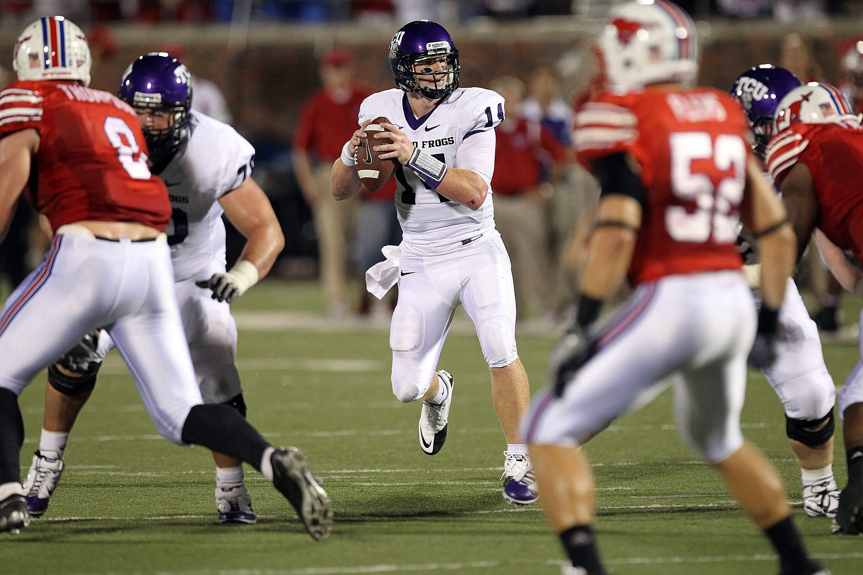 DALLAS - SEPTEMBER 24:  Quarterback Andy Dalton #14 of the TCU Horned Frogs at Gerald J. Ford Stadium on September 24, 2010 in Dallas, Texas.  (Photo by Ronald Martinez/Getty Images)