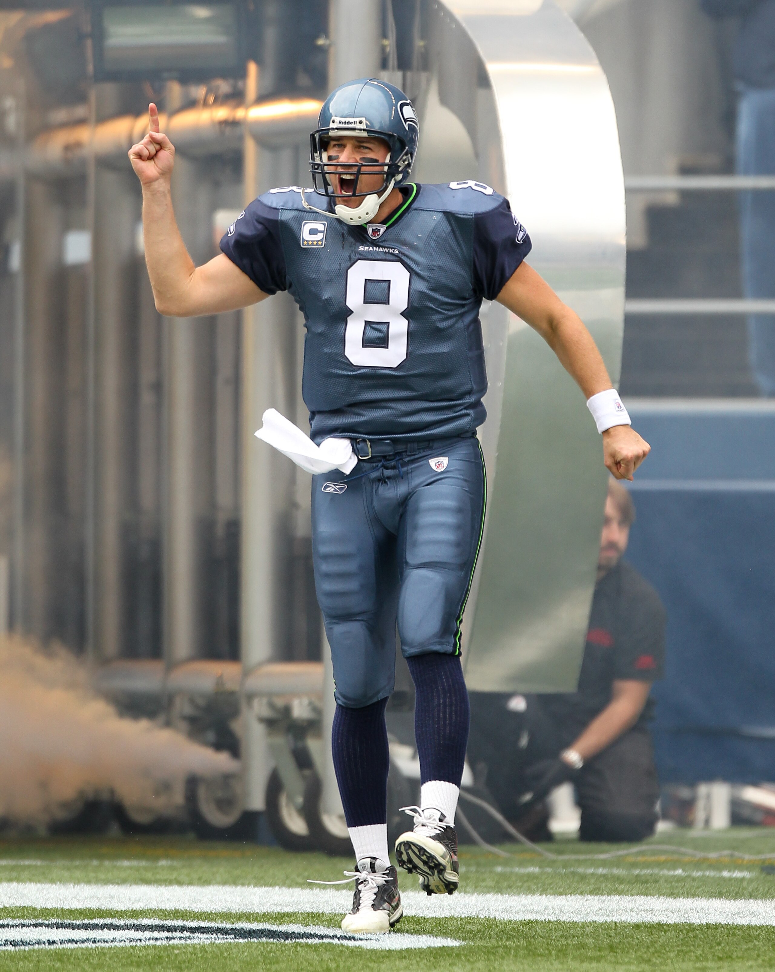 SEATTLE - SEPTEMBER 26:  Quarterback Matt Hasselbeck #8 of the Seattle Seahawks runs out of the tunnel prior to the game  against the San Diego Chargers at Qwest Field on September 26, 2010 in Seattle, Washington. (Photo by Otto Greule Jr/Getty Images)