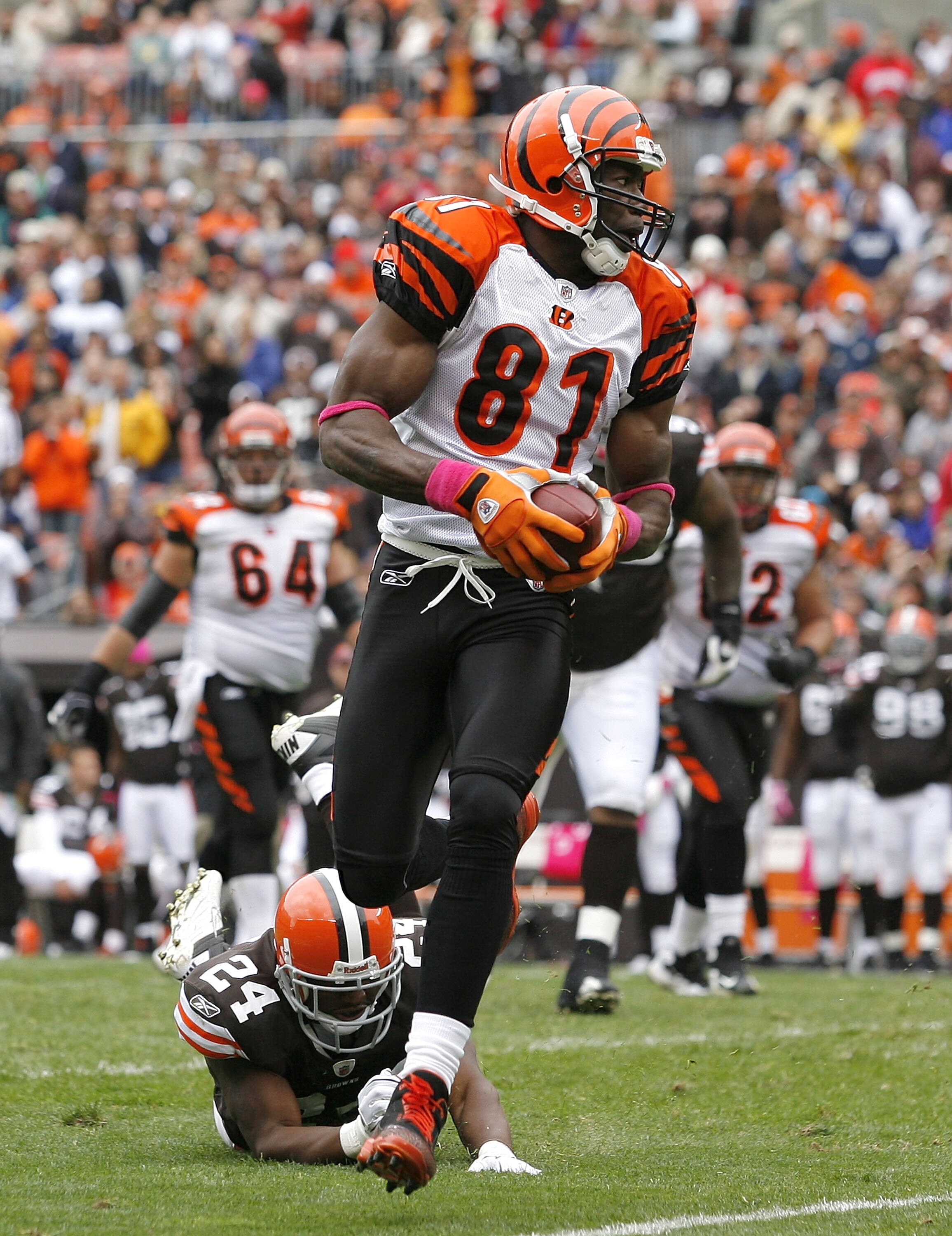 CLEVELAND - OCTOBER 03:  Wide receiver Terrell Owens #81 of the Cincinnati Bengals runs by Sheldon Brown #24 of the Cleveland Browns at Cleveland Browns Stadium on October 3, 2010 in Cleveland, Ohio.  (Photo by Matt Sullivan/Getty Images)